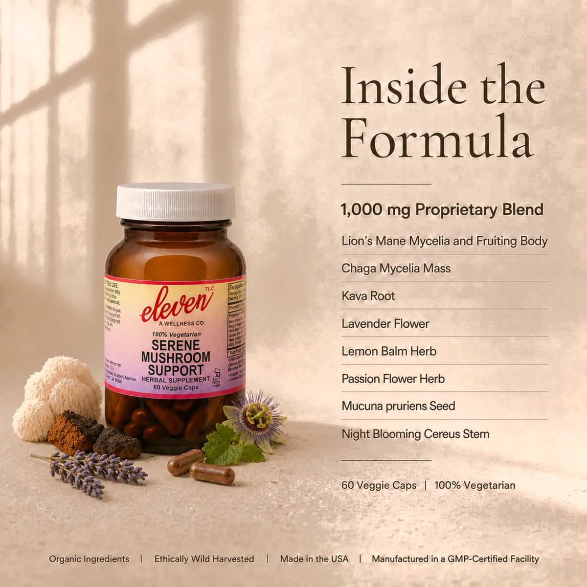 Eleven TLC Serene Mushroom + Herb capsules formula graphic: 1,000mg proprietary blend of mushrooms and calming botanicals.