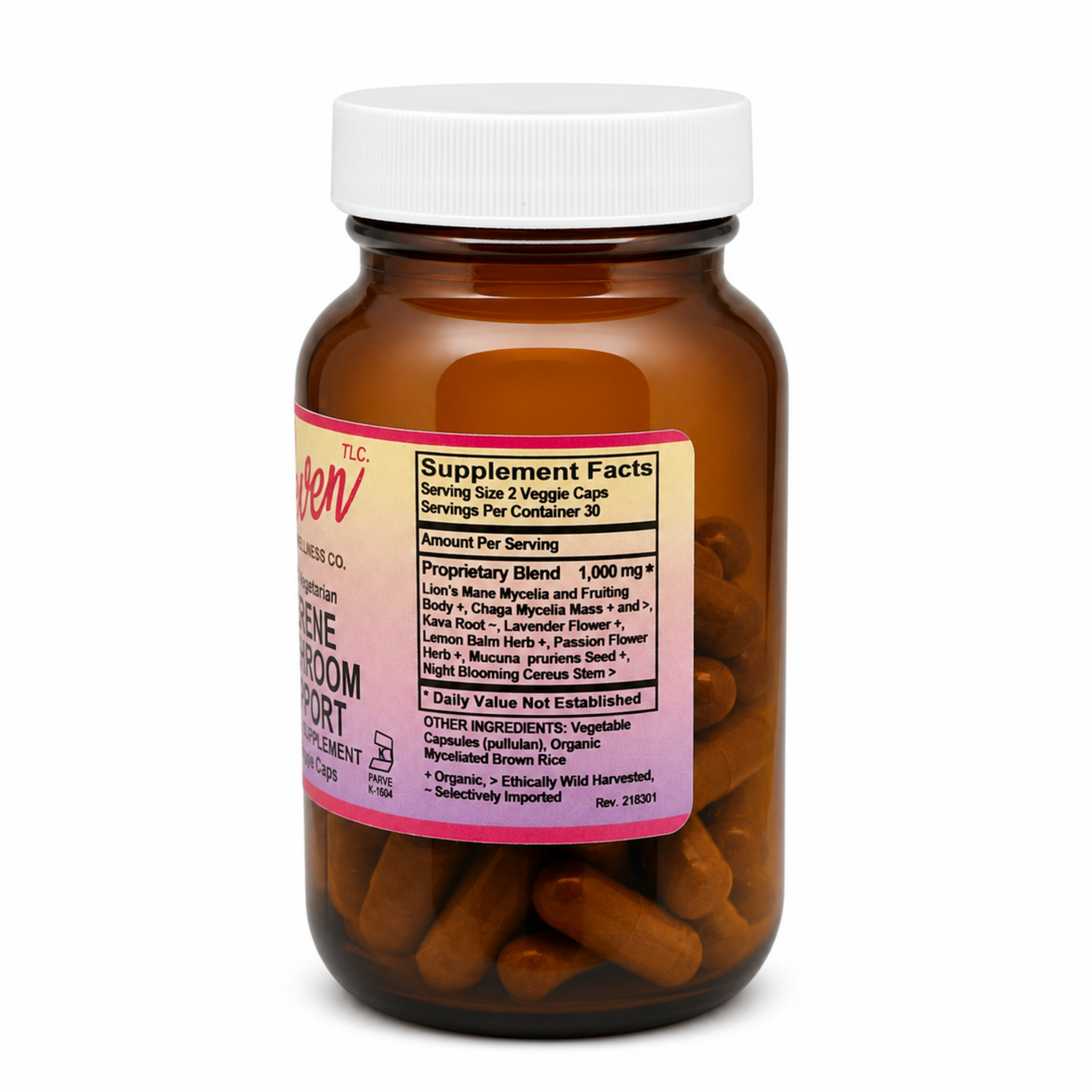 Eleven TLC Serene Mushroom + Herb capsules supplement facts: 1000mg proprietary blend of lion’s mane, chaga, kava, lavender, lemon balm, passion flower, mucuna, and night blooming cereus.