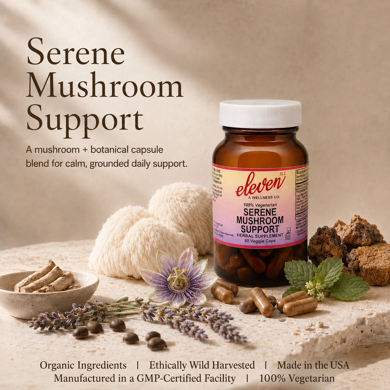Amber glass bottle of Serene Mushroom Support capsules, 60 count, displayed with botanical ingredients on beige background.