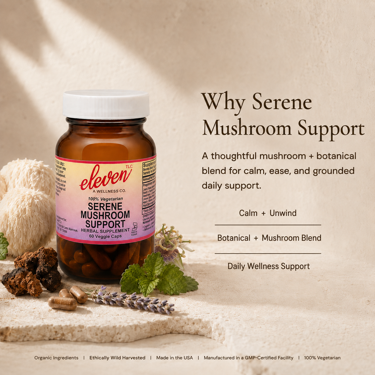 Eleven TLC Serene Mushroom Support educational graphic; amber bottle with botanical ingredients, calming benefit summary.
