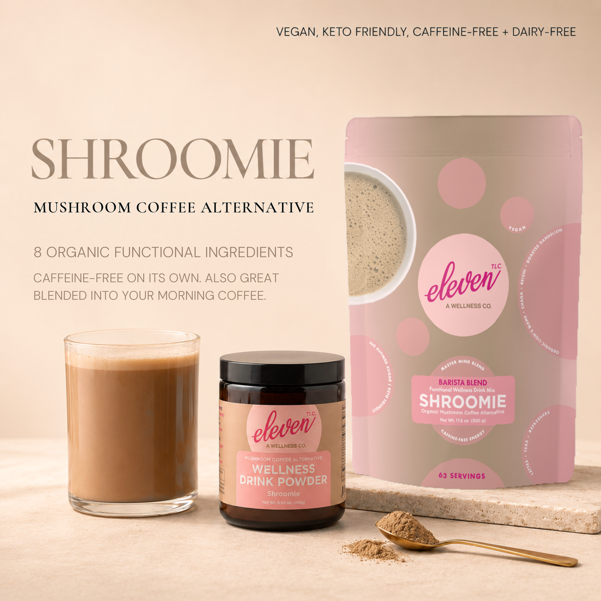 Eleven TLC Shroomie 500g pouch with matching retail jar and prepared beverage on a neutral studio background.