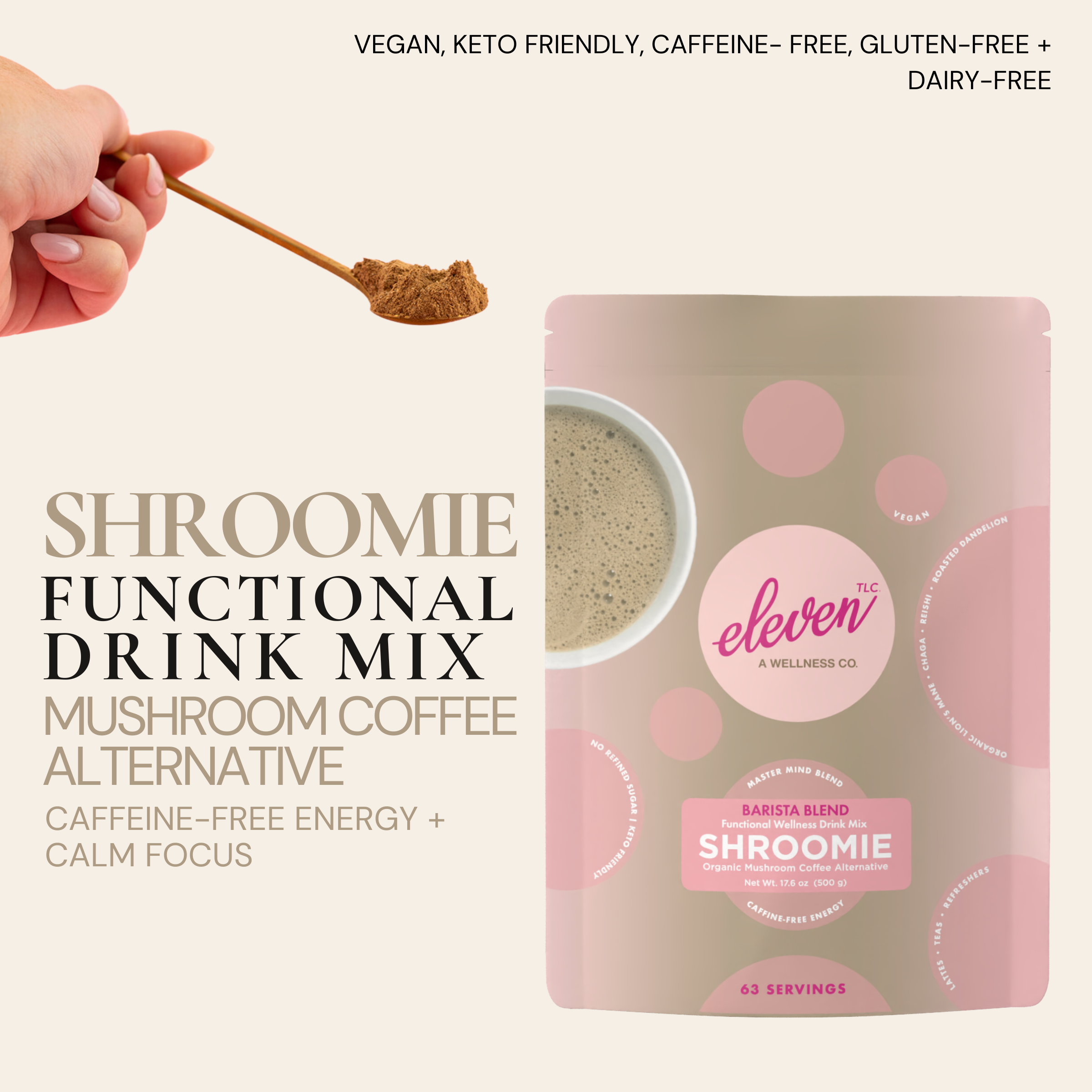 Eleven TLC Shroomie 500g functional drink mix pouch with a hand-held wooden scoop showcasing the fine powder texture.