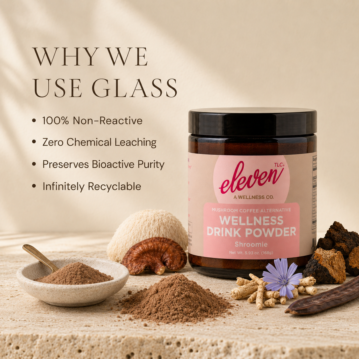 Eleven TLC Shroomie wellness drink powder in a non-reactive glass jar on a wooden surface with raw botanical ingredients.