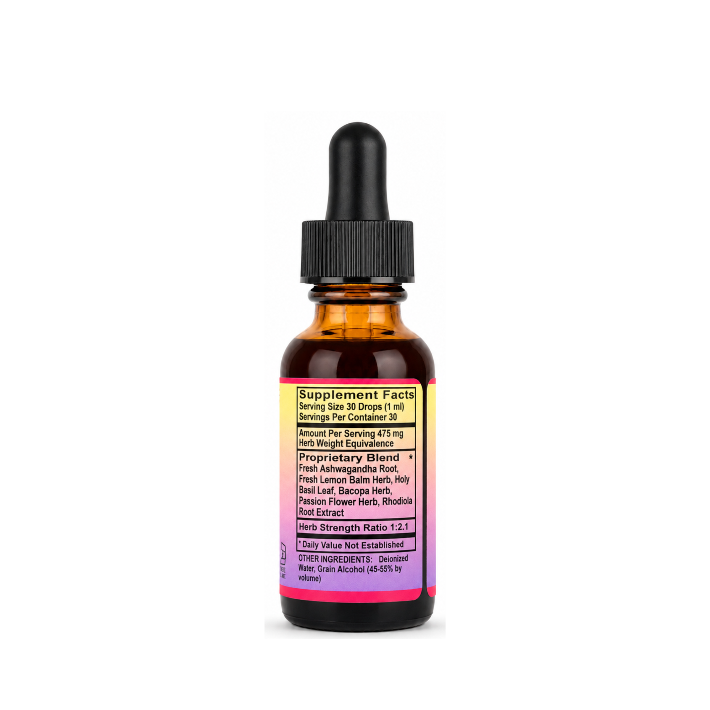 Eleven TLC 1oz Stress Ease tincture supplement facts: 475mg proprietary blend of ashwagandha, lemon balm, holy basil, bacopa, passion flower, and rhodiola.