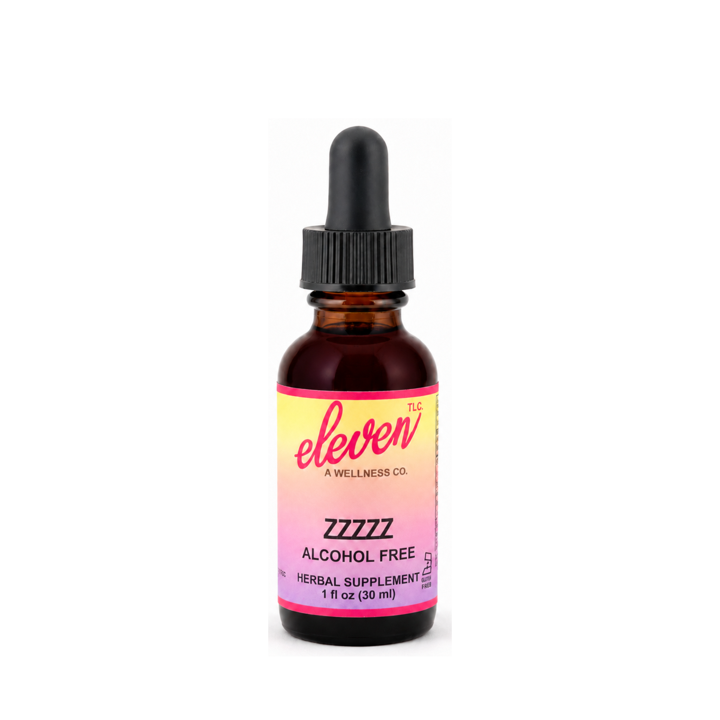 Eleven TLC 1oz ZZZZZ alcohol-free sleep tincture bottle with black dropper cap, front label branding on white background.