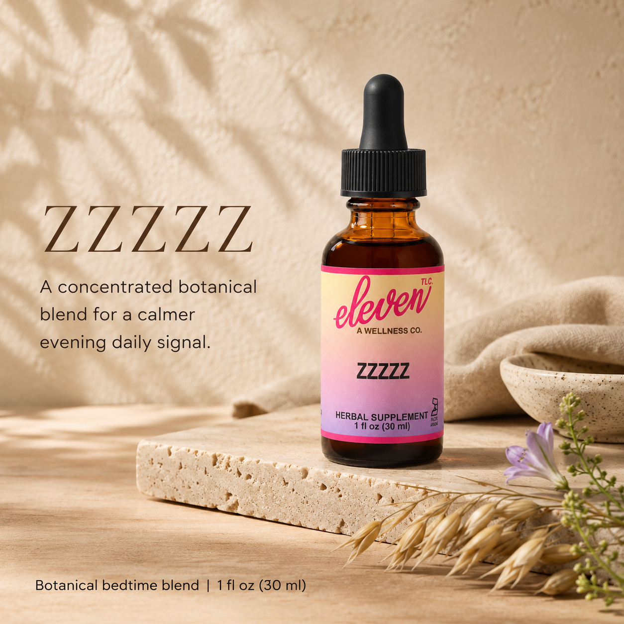 Eleven TLC ZZZZZZ melatonin-free sleep tincture 1oz amber bottle on wood, highlighting concentrated botanical blend.