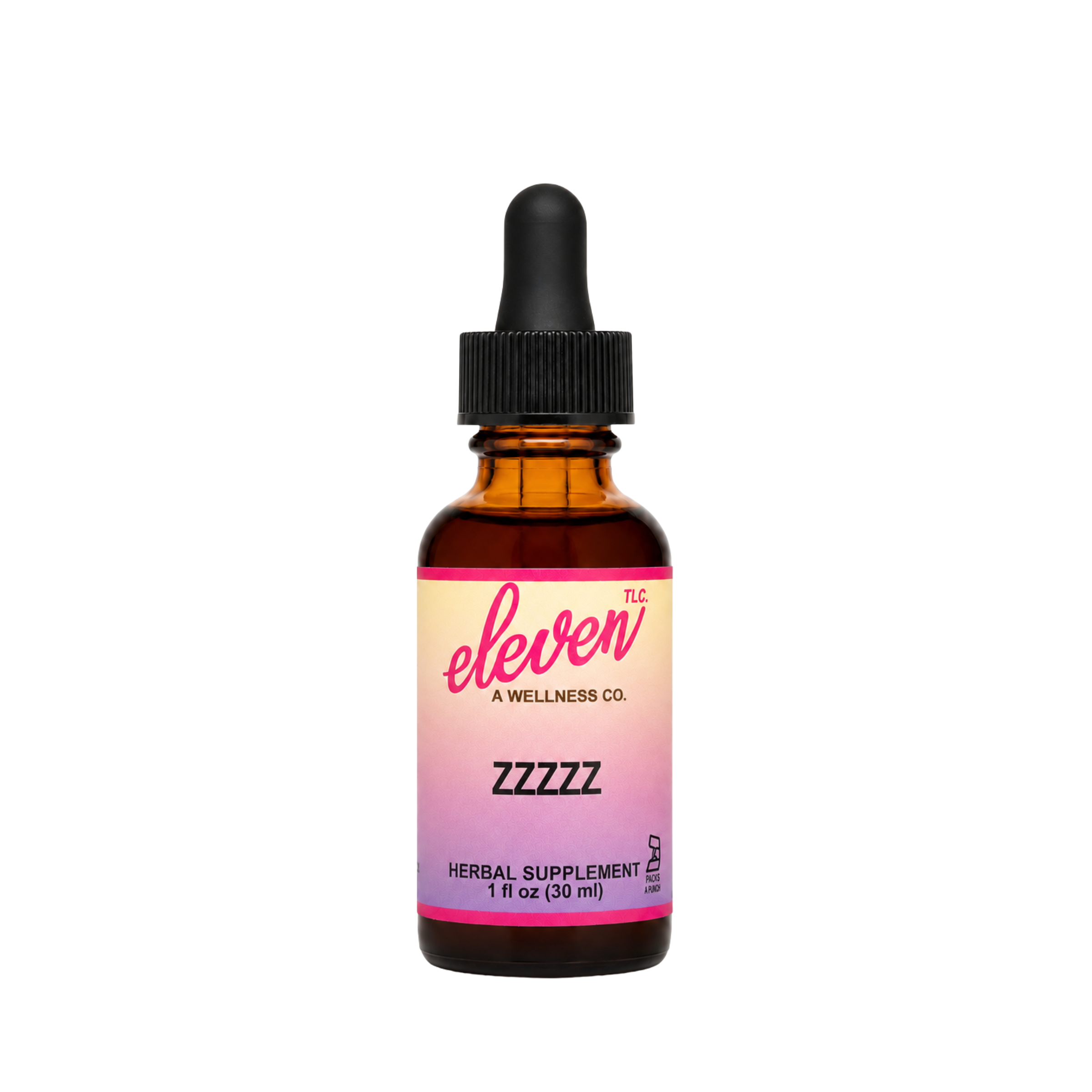 Eleven TLC ZZZZZZ melatonin-free sleep tincture 1oz bottle with dropper on stone surface, showcasing organic herbal label.