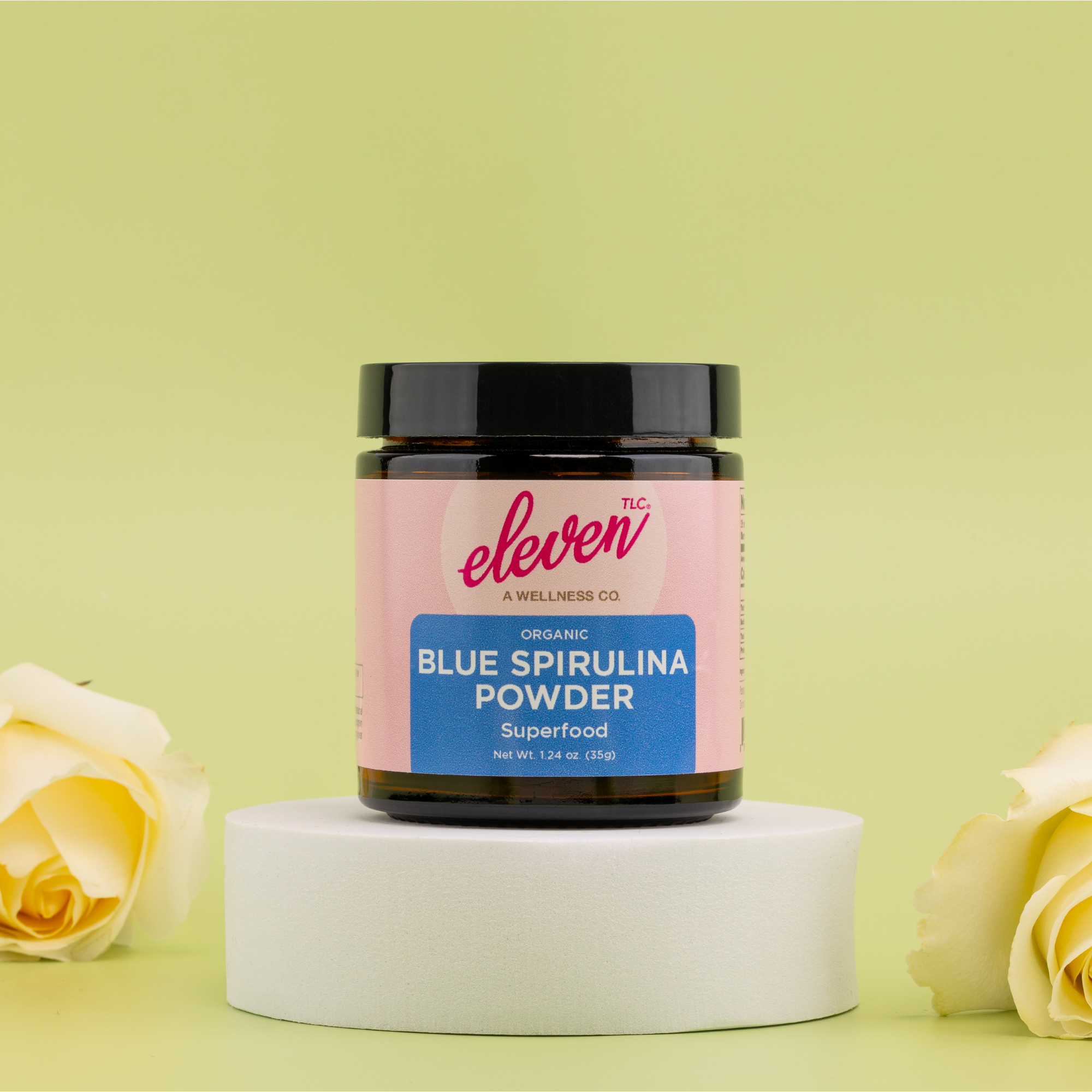 Blue Spirulina Powder by Eleven TLC in eco-friendly packaging, a natural source of antioxidants and adaptogens like lion’s mane and cordyceps