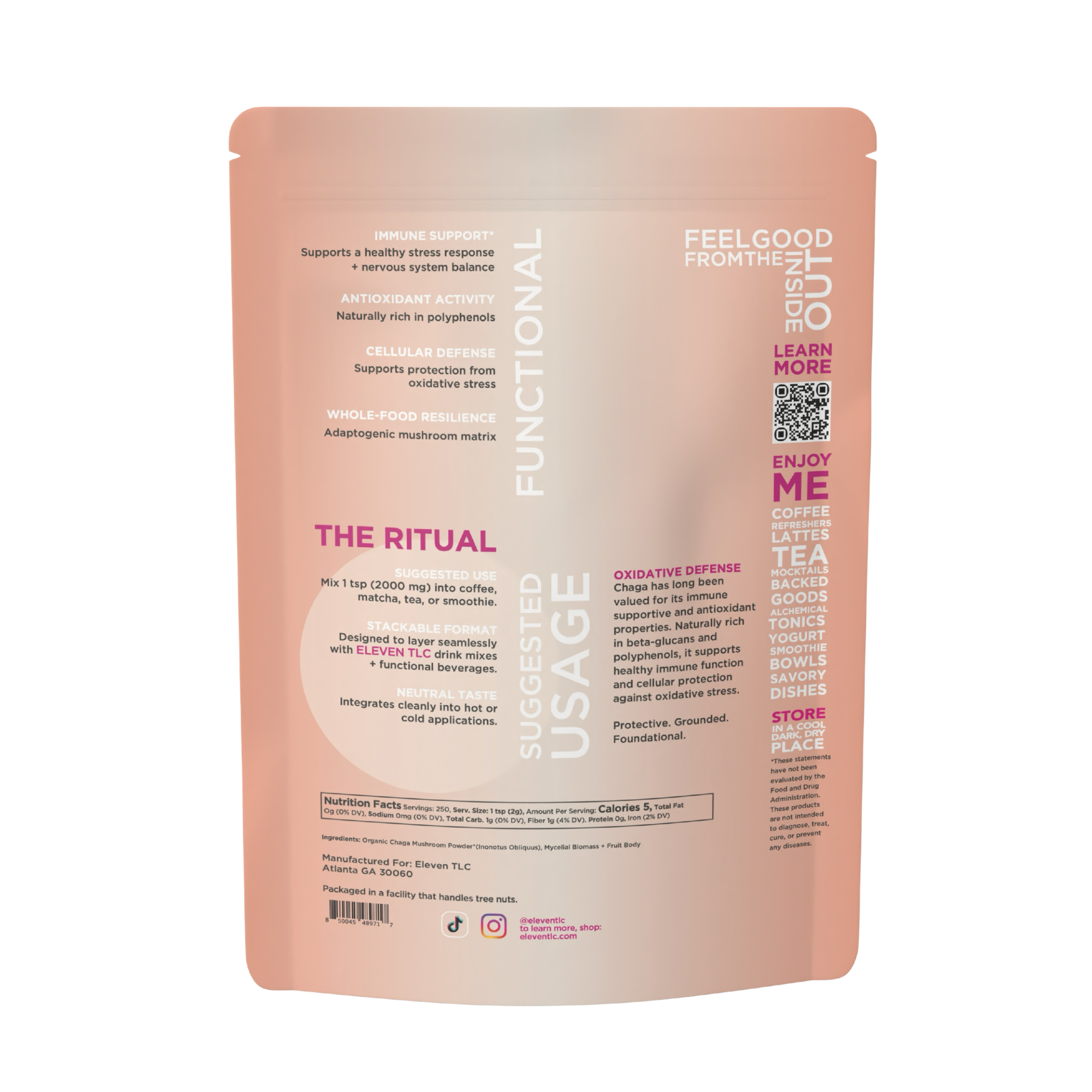 Back panel of Eleven TLC organic chaga powder 500g foodservice pouch with usage and nutrition details.