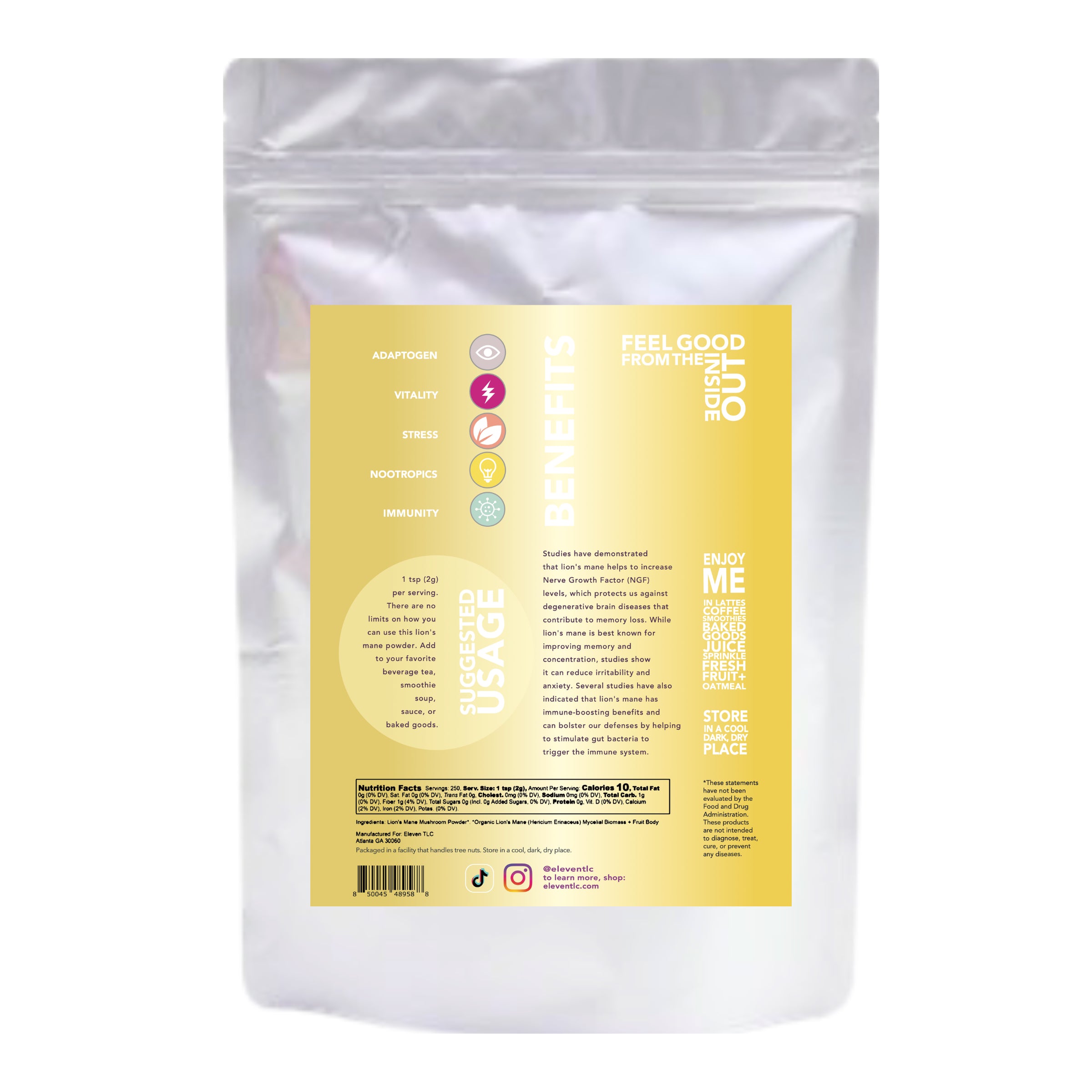 Organic Lion’s Mane Mushroom Powder – 500g | 250 Servings | USA-Grown Superfood for Brain, Mood & Immunity