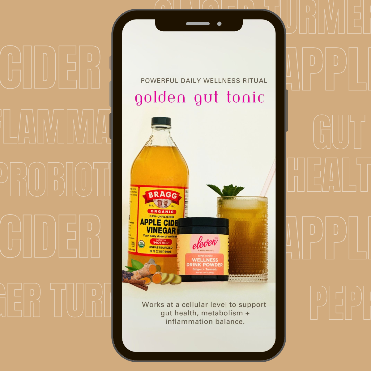 Eleven TLC Golden Gut Tonic with ginger turmeric drink mix and apple cider vinegar