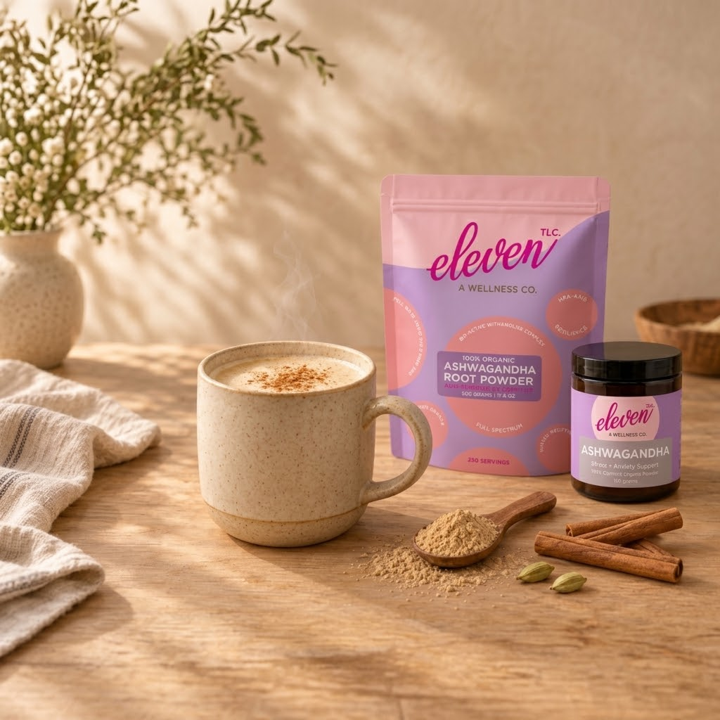 Organic ashwagandha root powder latte with cinnamon and cardamom, Eleven TLC adaptogens