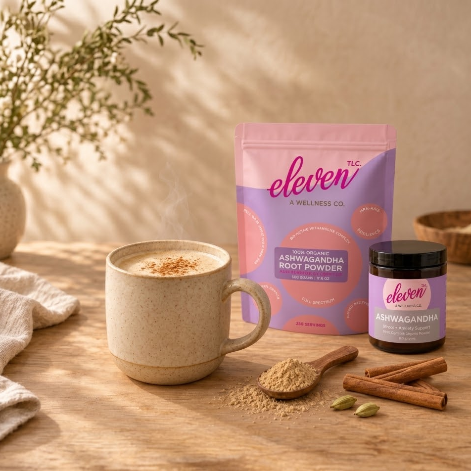Organic ashwagandha root powder latte with cinnamon and cardamom, Eleven TLC adaptogens