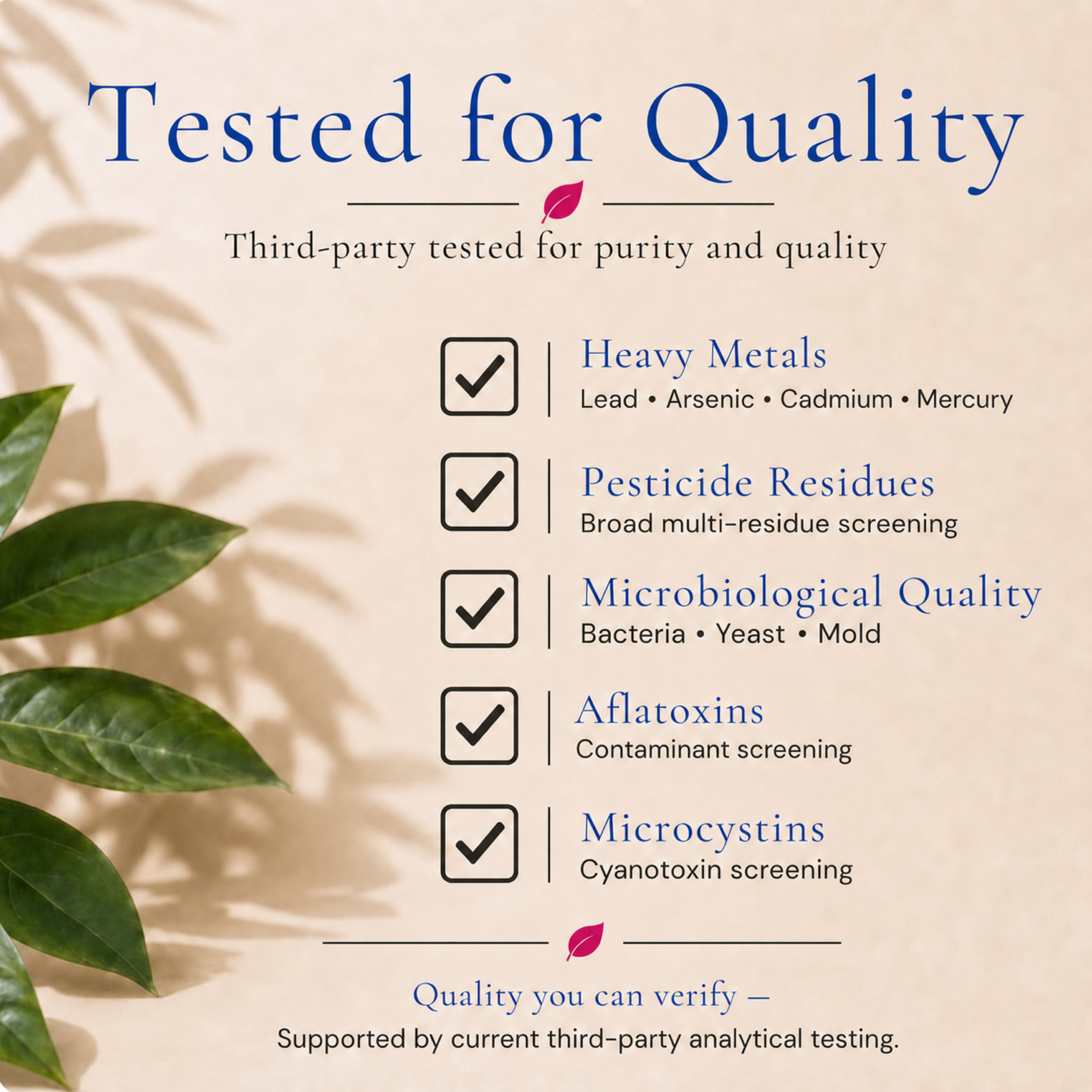 Eleven TLC blue spirulina third-party testing panel: heavy metals, pesticide residues, microbiological quality, aflatoxins, and microcystins.
