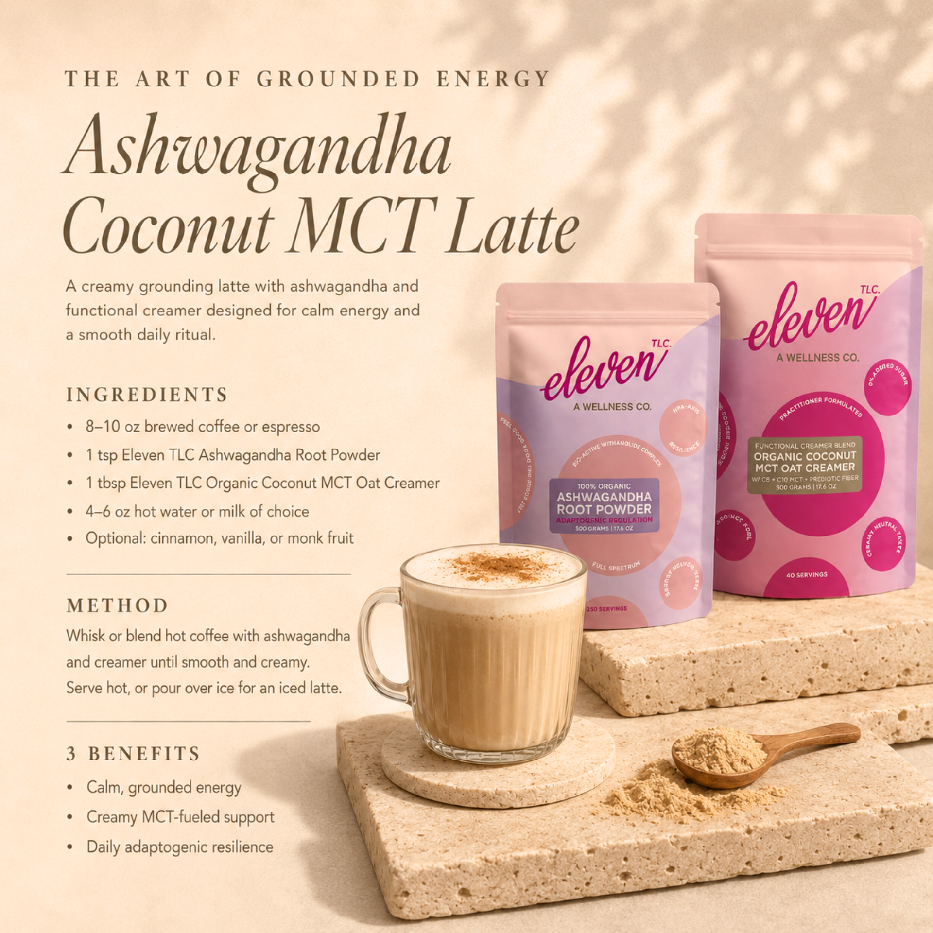 Ashwagandha coconut MCT latte made with ashwagandha root powder; supports stress and cortisol balance.