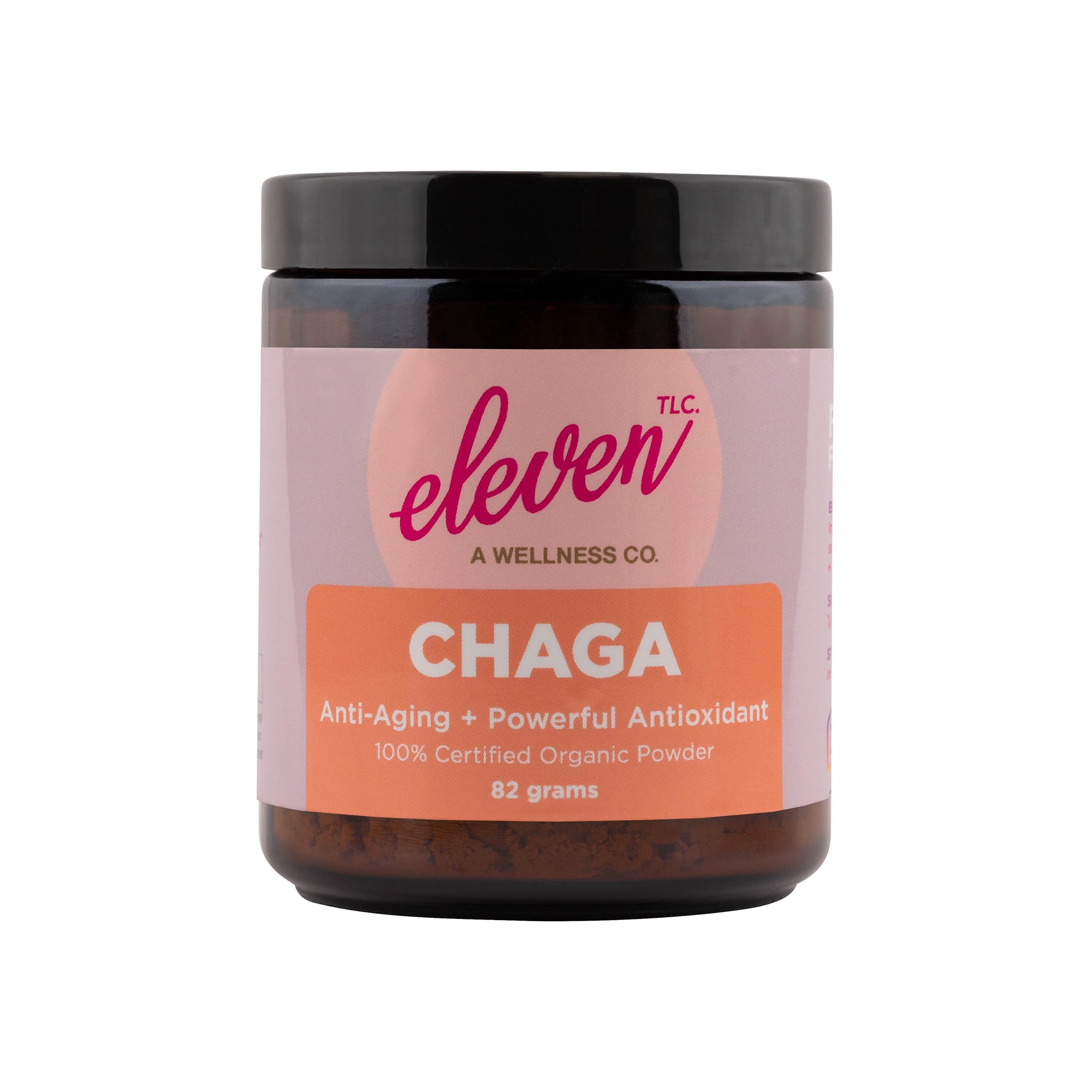 Amber glass jar of chaga mushroom powder, 82g; supports antioxidant and immune function.