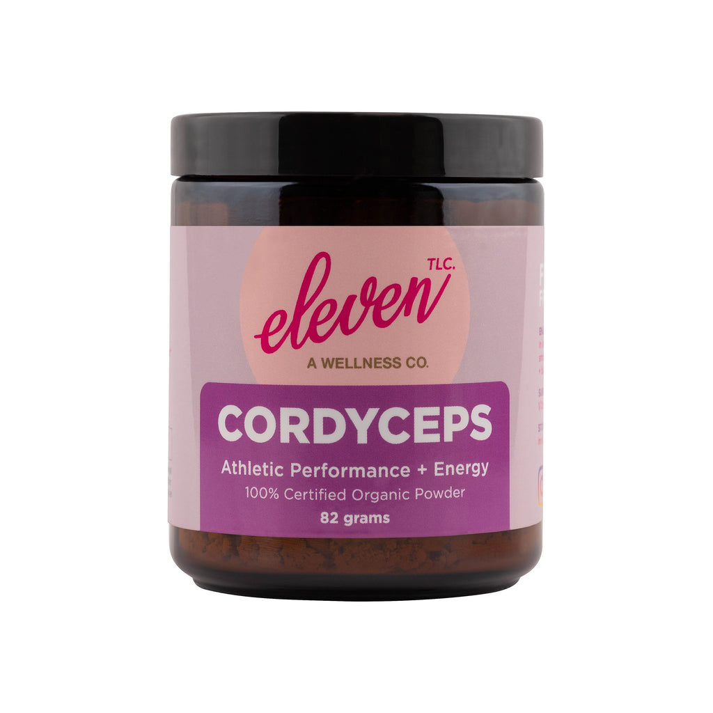 Amber glass jar of cordyceps mushroom powder, 82g; supports cellular energy and stamina.