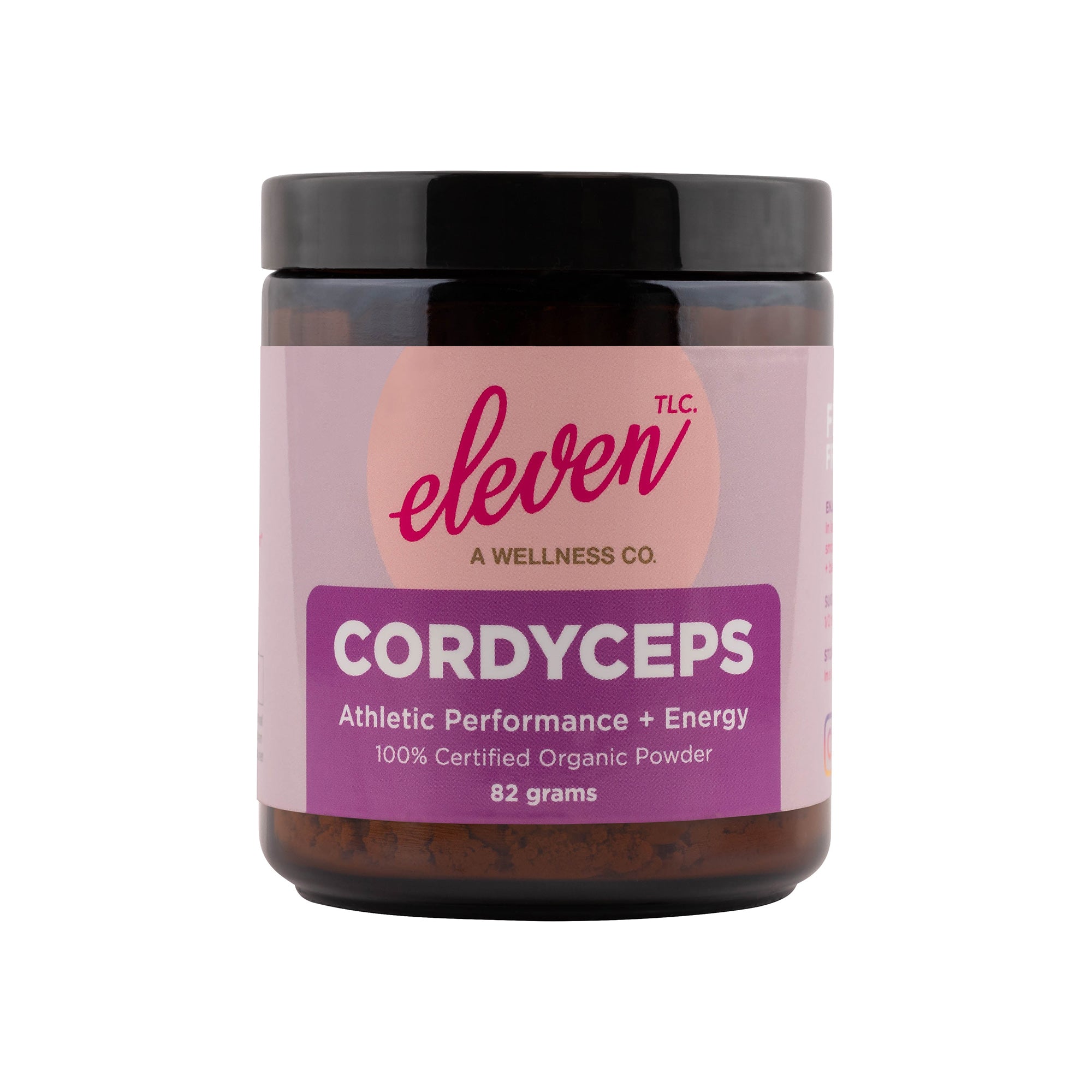 Amber glass jar of cordyceps mushroom powder, 82g; supports cellular energy and stamina.