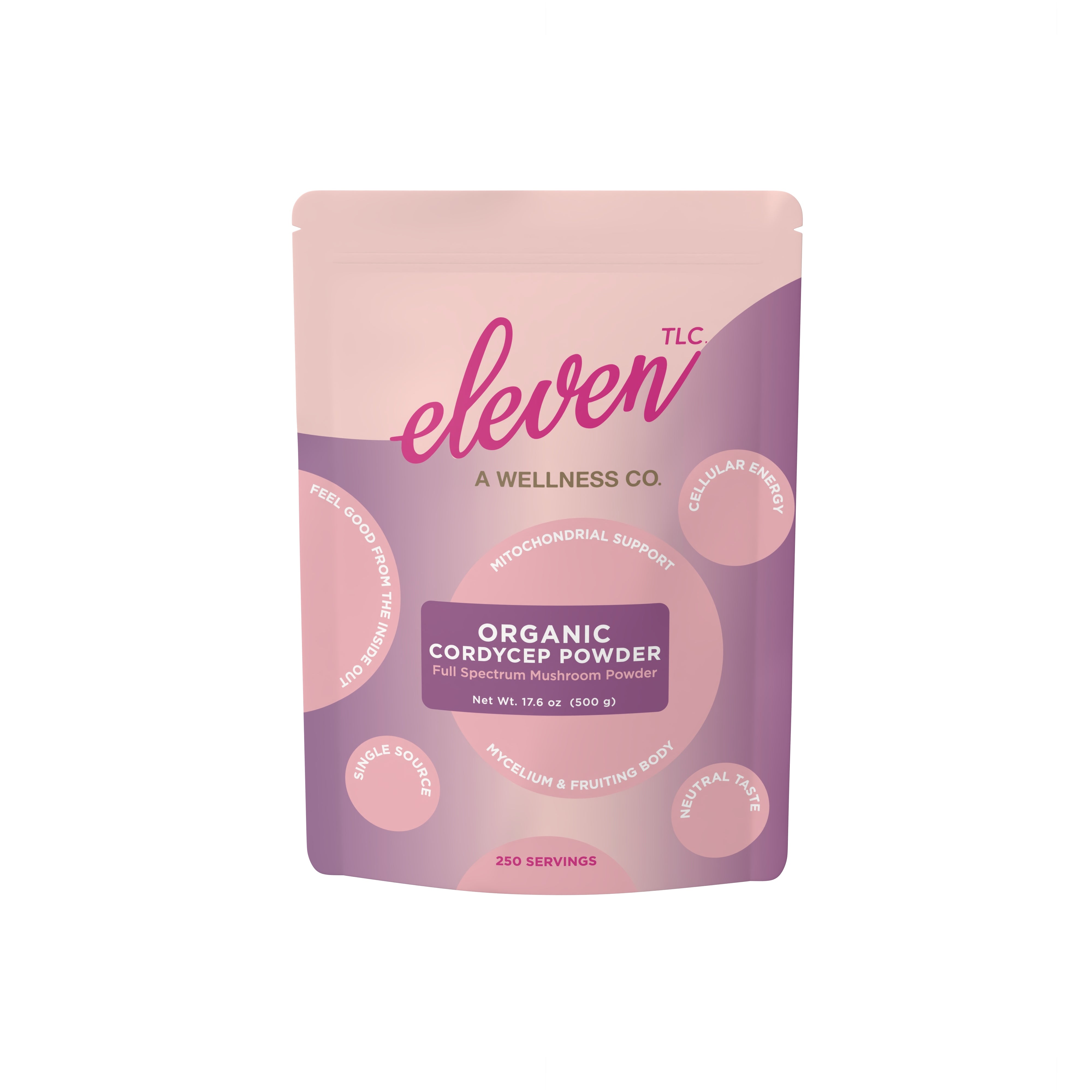 Front view of Eleven TLC Organic Cordyceps Mushroom Powder Foodservice 500g pouch showing botanical labeling