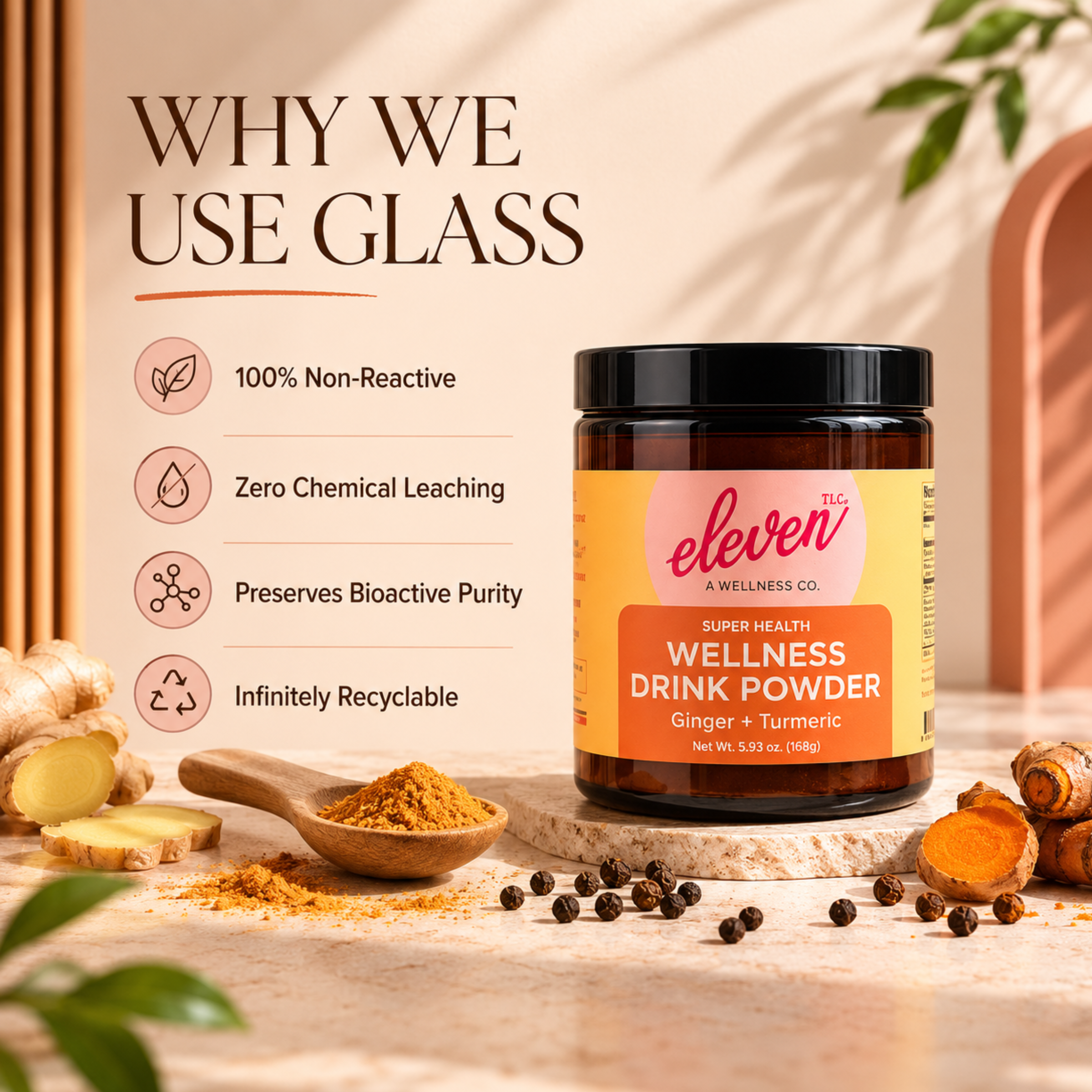 Infographic detailing the biological preservation benefits of Eleven TLC's non-reactive, 100-percent recyclable UV-protective amber glass apothecary jars.