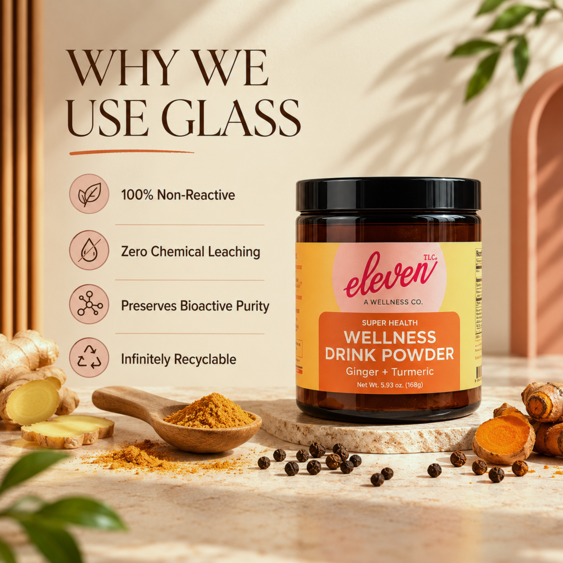 Infographic detailing the biological preservation benefits of Eleven TLC's non-reactive, 100-percent recyclable UV-protective amber glass apothecary jars.