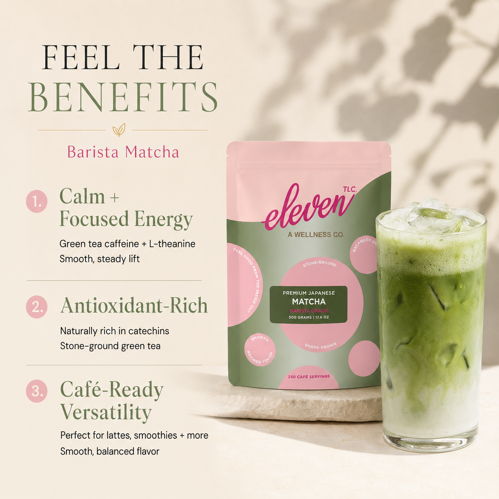 Eleven TLC Organic Japanese Barista Matcha Powder 500g graphic detailing benefits: Calm and Focused Energy with L-Theanine, Antioxidant-Rich catechins, and Café-Ready Versatility for lattes and smoothies.