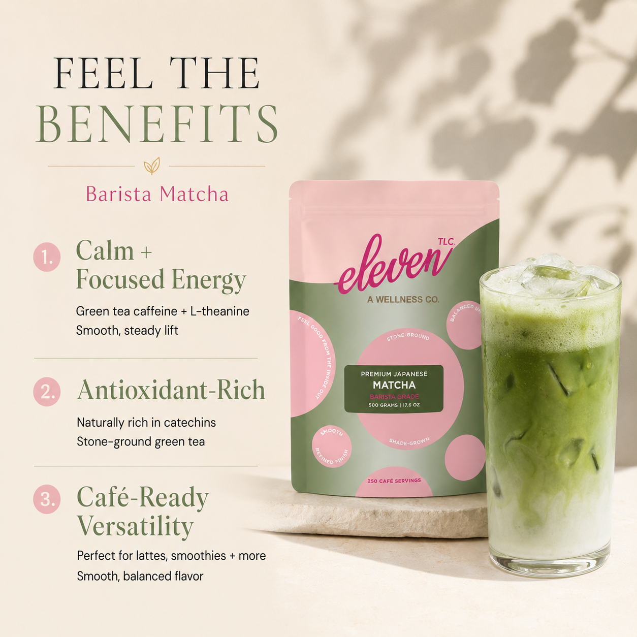 Eleven TLC Organic Japanese Barista Matcha Powder 500g graphic detailing benefits: Calm and Focused Energy with L-Theanine, Antioxidant-Rich catechins, and Café-Ready Versatility for lattes and smoothies.