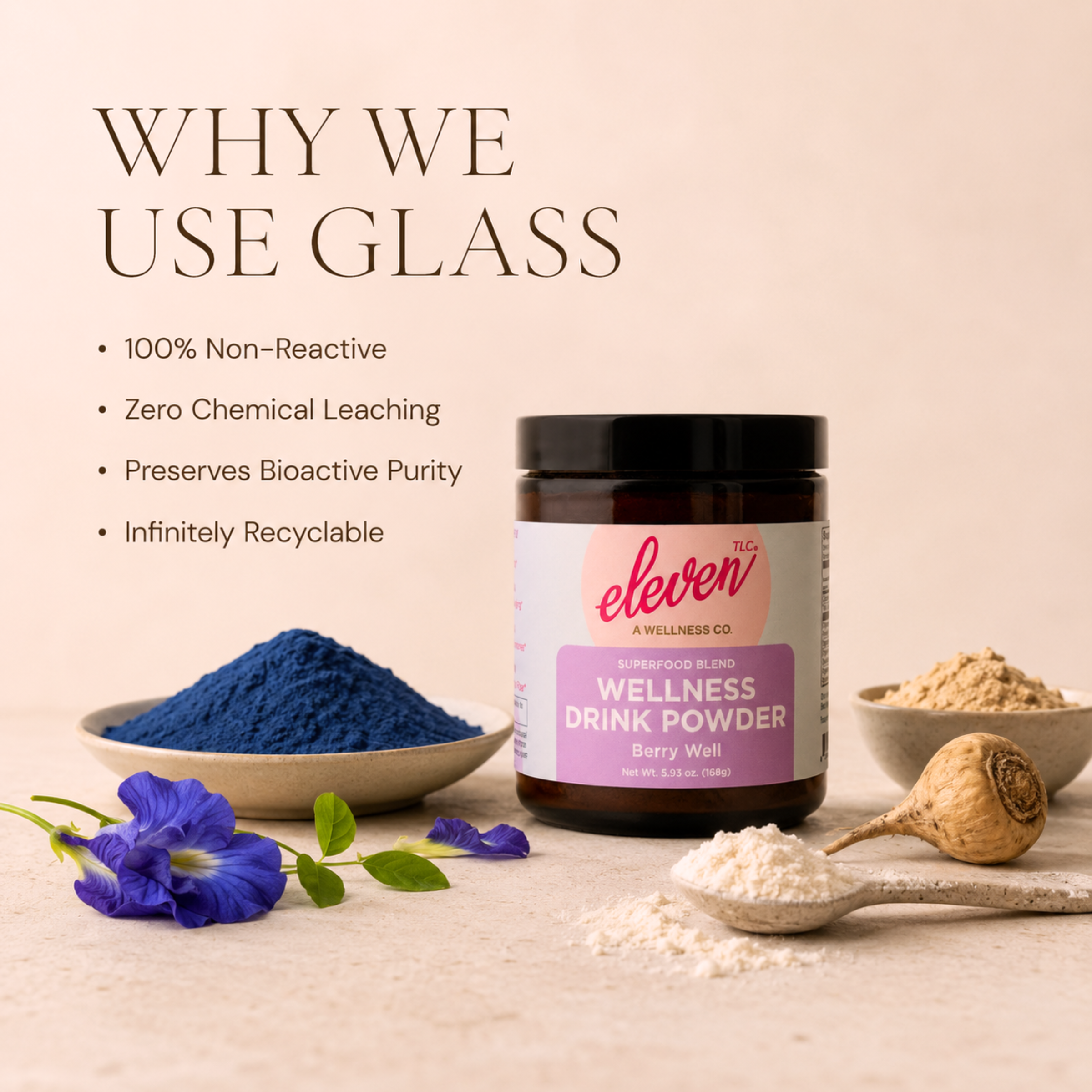 Eleven TLC Berry Well functional beverage mix in an amber glass jar, surrounded by blue spirulina and maca root, with text explaining why we use glass: 100% non-reactive, zero chemical leaching, preserves bioactive purity, and infinitely recyclable.

