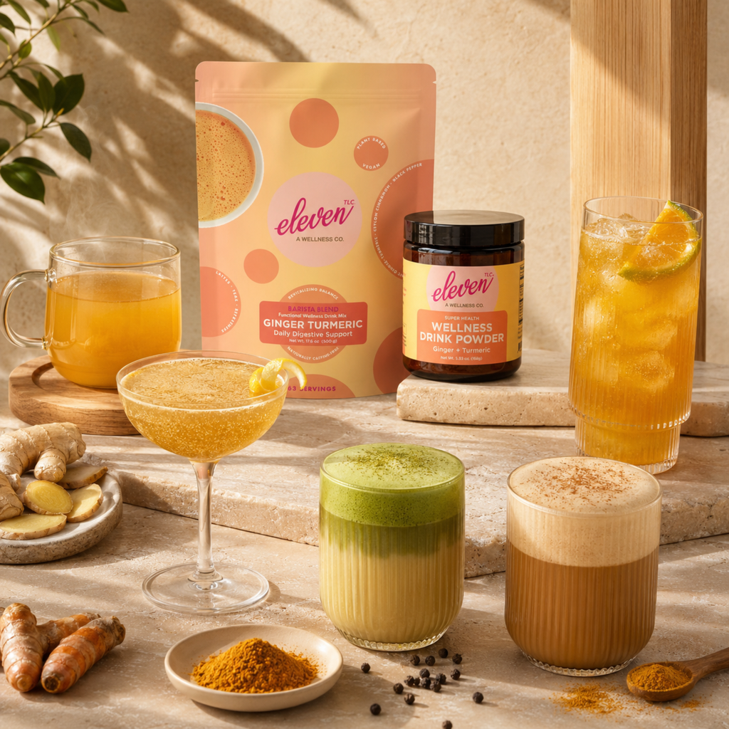 Four distinct beverage applications for Eleven TLC Ginger Turmeric Drink Mix: Hot Latte, Iced Refresher, Botanical Mocktail, and Matcha Turmeric Latte.