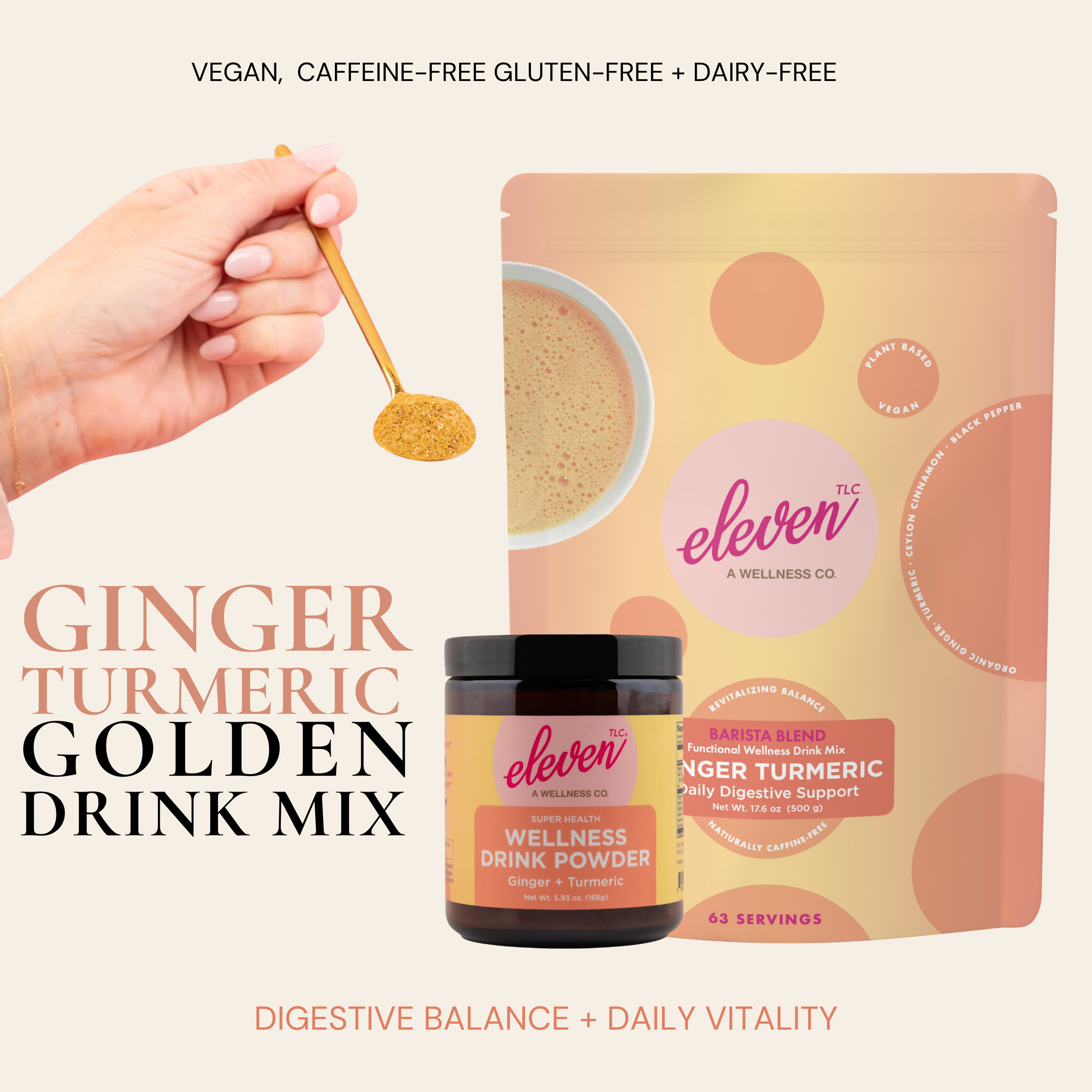 Eleven TLC Organic Ginger Turmeric Golden Drink Mix collection, featuring the UV-protective amber glass jar, the 500g resealable bulk pouch, and a spoonful of golden botanical powder.