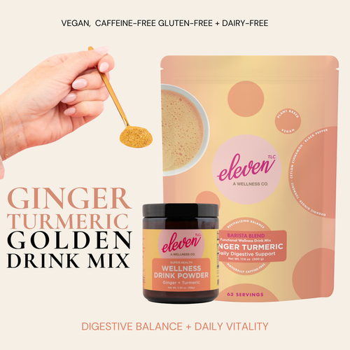 Eleven TLC Organic Ginger Turmeric Golden Drink Mix collection, featuring the UV-protective amber glass jar, the 500g resealable bulk pouch, and a spoonful of golden botanical powder.