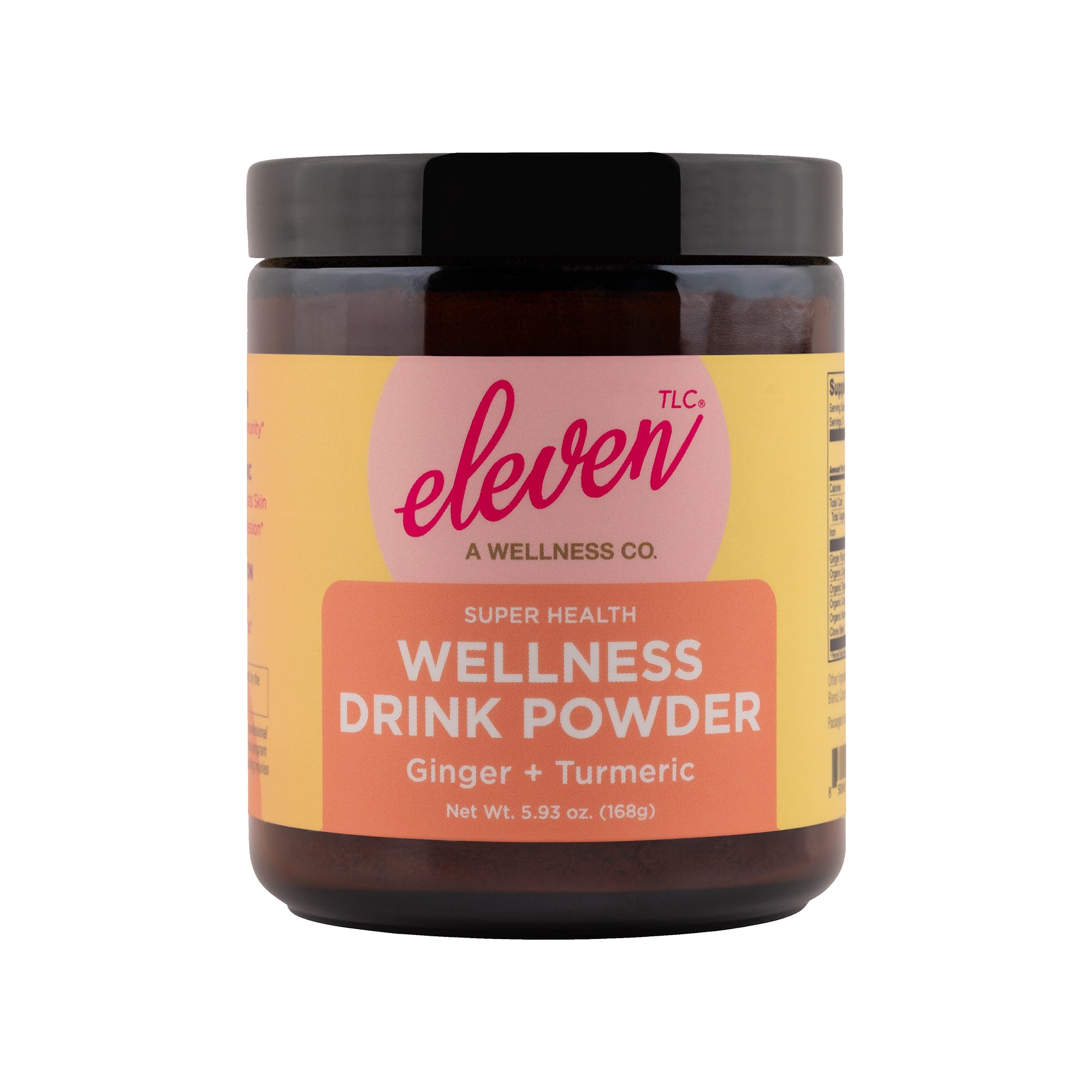 Eleven TLC UV-protective amber glass jar containing Organic Ginger Turmeric Golden Drink Mix powder for digestive support.
