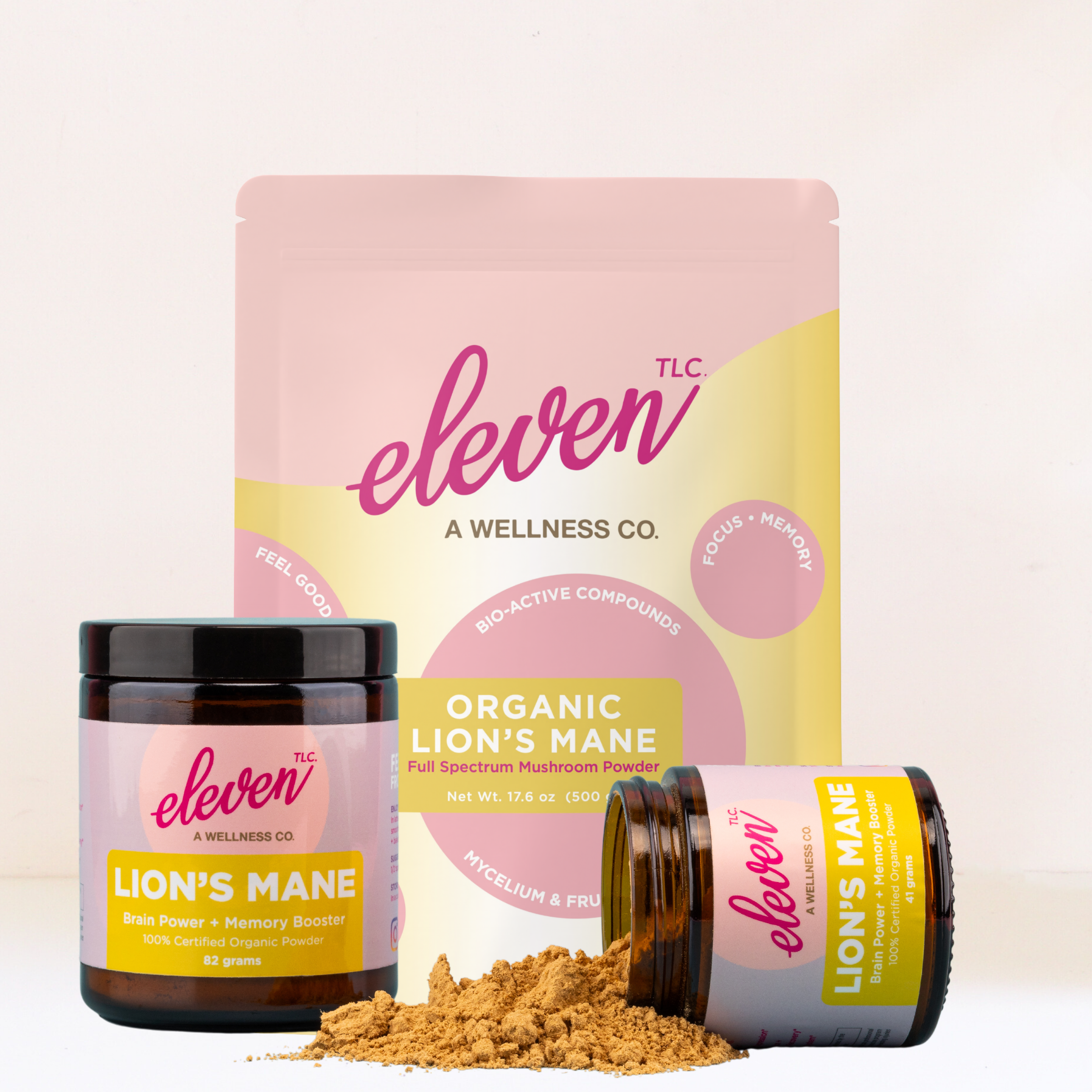 Infographic on full-spectrum lion's mane mushroom powder for memory and focus support.