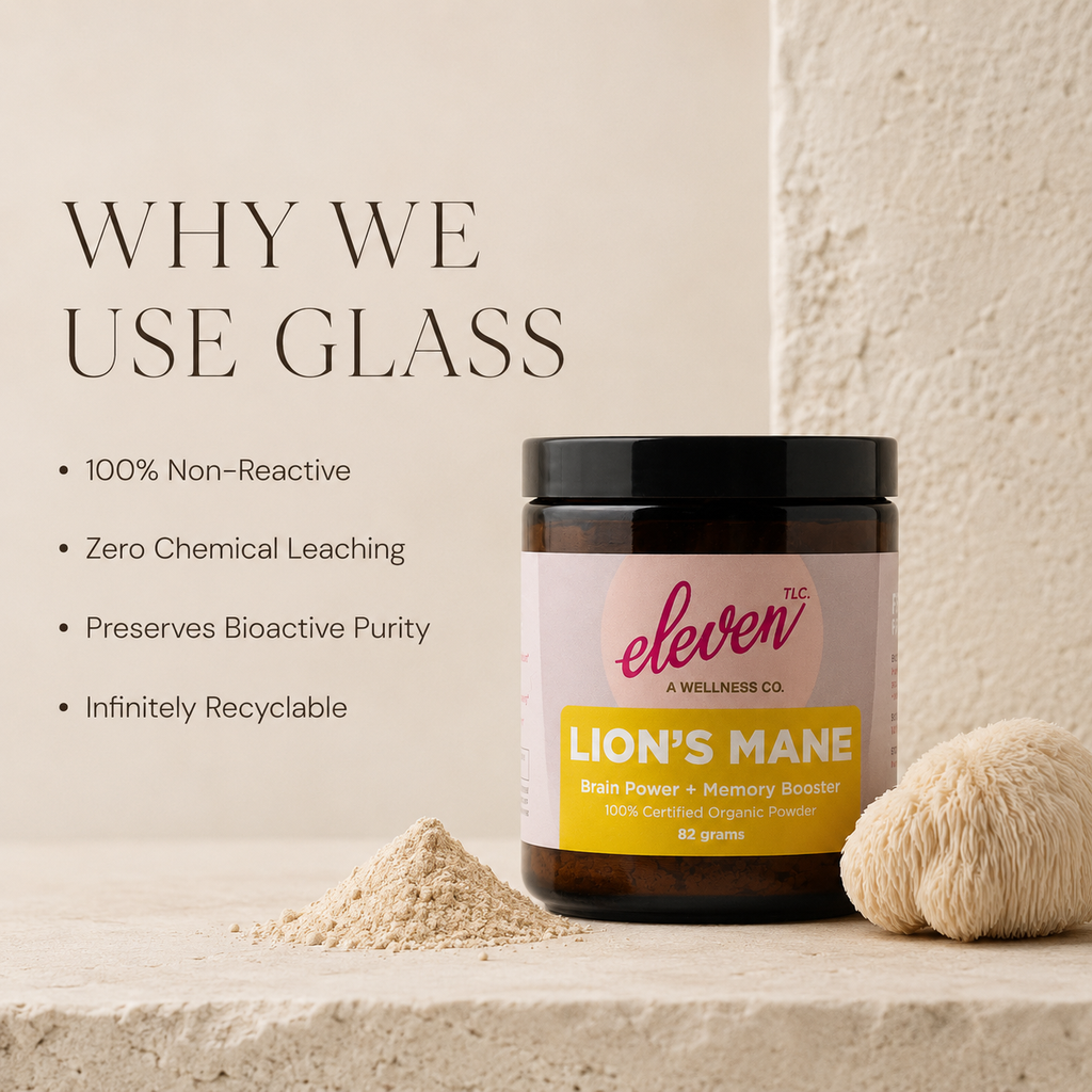 Infographic on why Eleven TLC packages lion's mane mushroom powder in glass jars for freshness.
