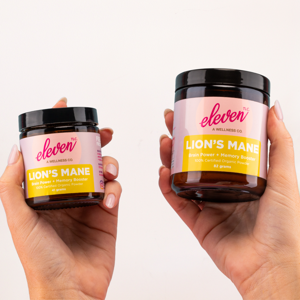 Size comparison of Eleven TLC organic lion's mane mushroom powder jars; cognition and nerve support.