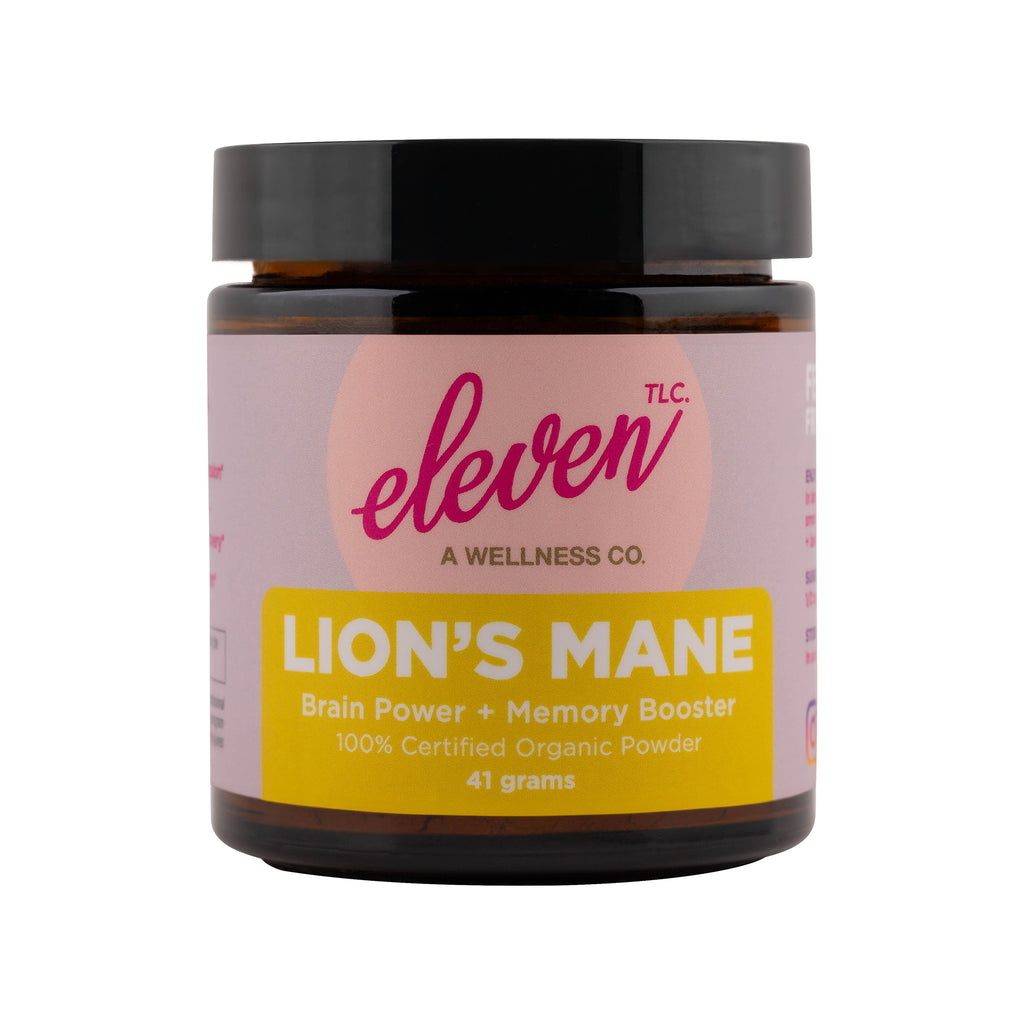 Amber glass jar of lion's mane mushroom powder, 41g; supports cognition and nerve health.