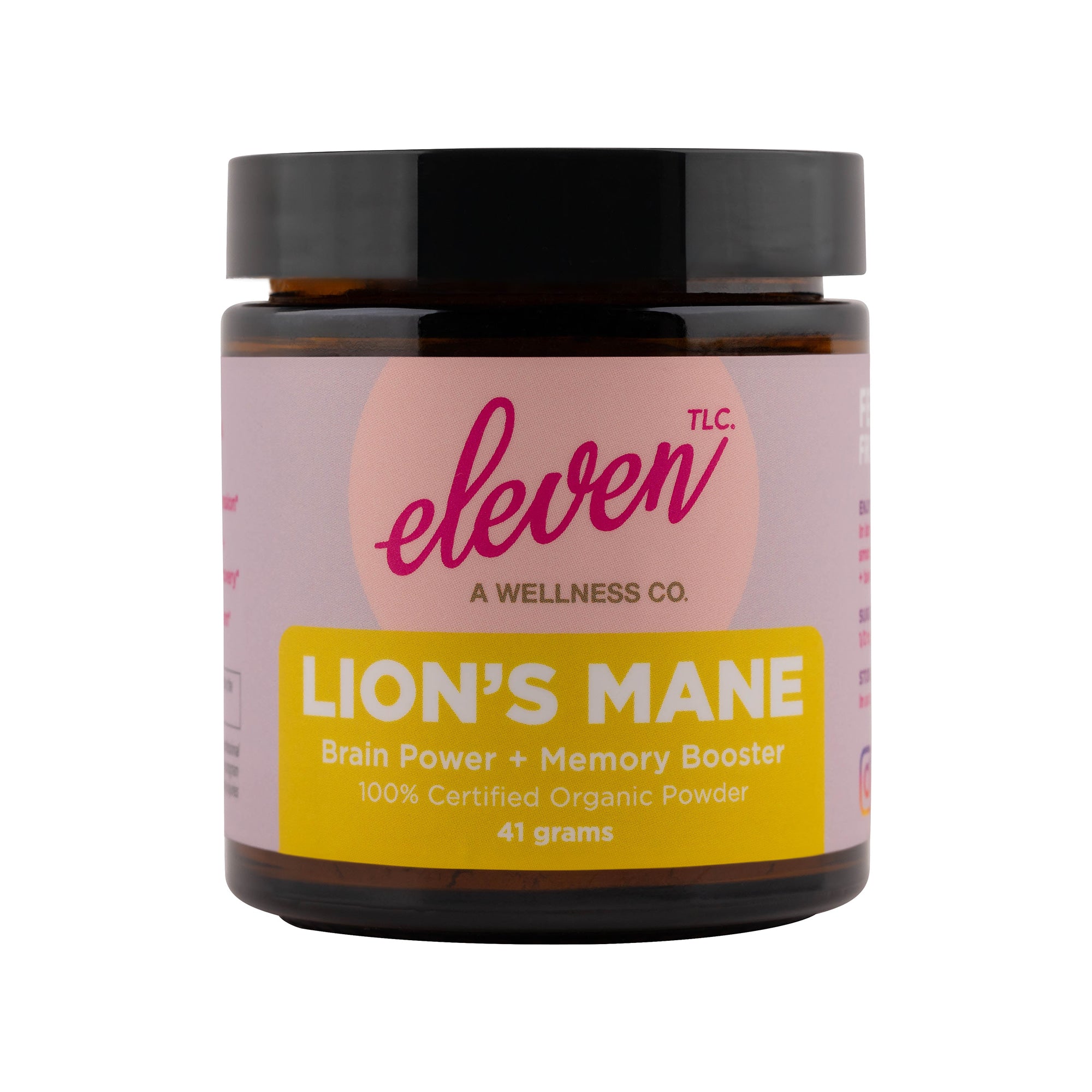 Amber glass jar of lion's mane mushroom powder, 41g; supports cognition and nerve health.