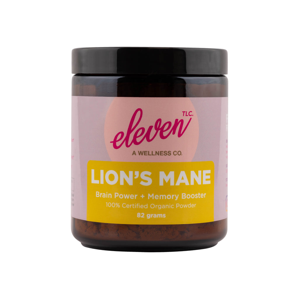 Amber glass jar of lion's mane mushroom powder, 82g; supports cognition and nerve health.