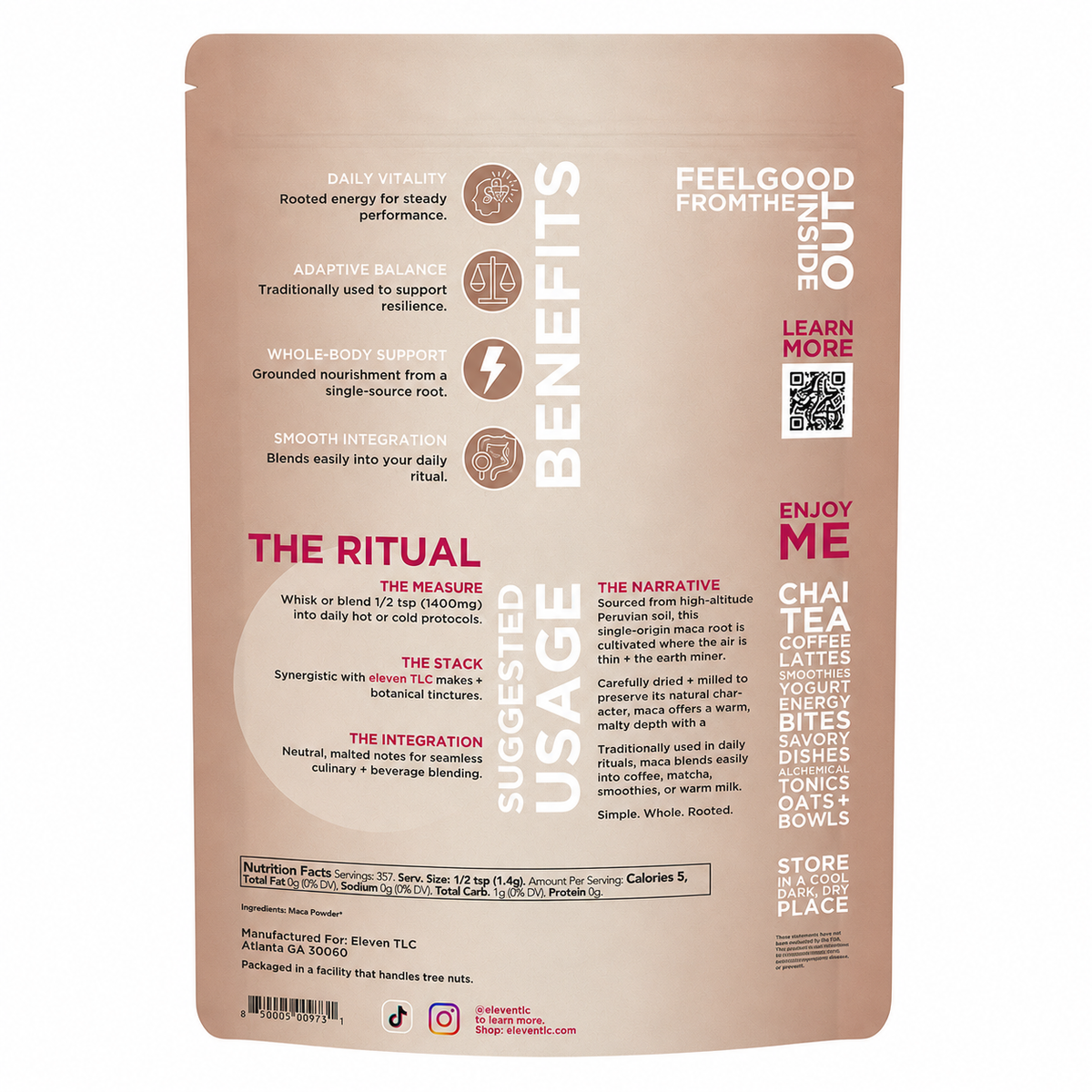 Back panel of the Eleven TLC Organic Gelatinized Maca Root Powder 500g pouch, showing the Nutrition Facts panel, organic maca root ingredient declaration, preparation directions, and storage guidance.