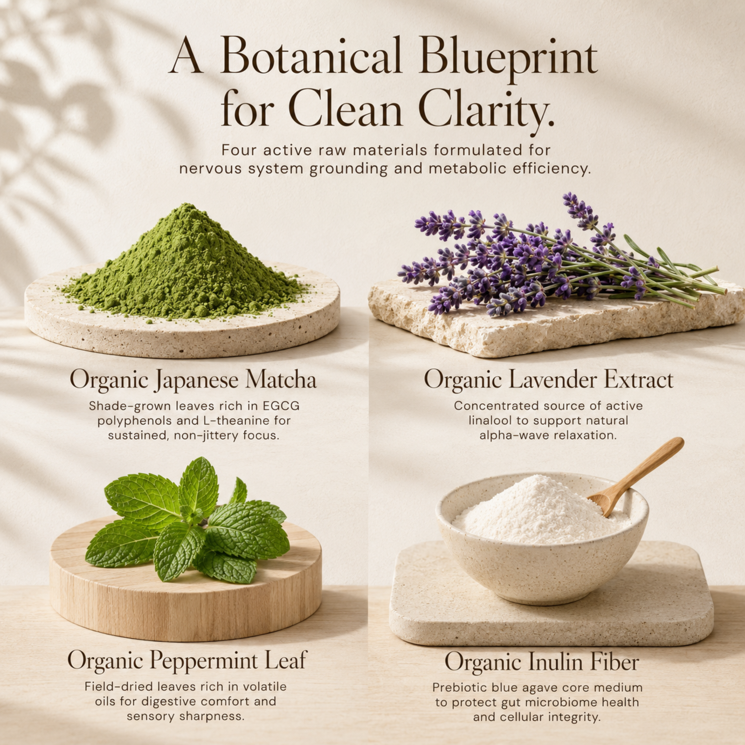 A square 1:1 e-commerce infographic for Eleven TLC Minty Lavender Matcha Powder. The composition features a clean 4-quadrant layout showcasing raw organic matcha powder, lavender sprigs, fresh peppermint leaves, and prebiotic inulin fiber grounded on individual travertine stone and light wood slabs. The text is rendered in deep warm brown utilizing Cormorant Garamond and DM Sans typography under the headline, A Botanical Blueprint for Clean Clarity.