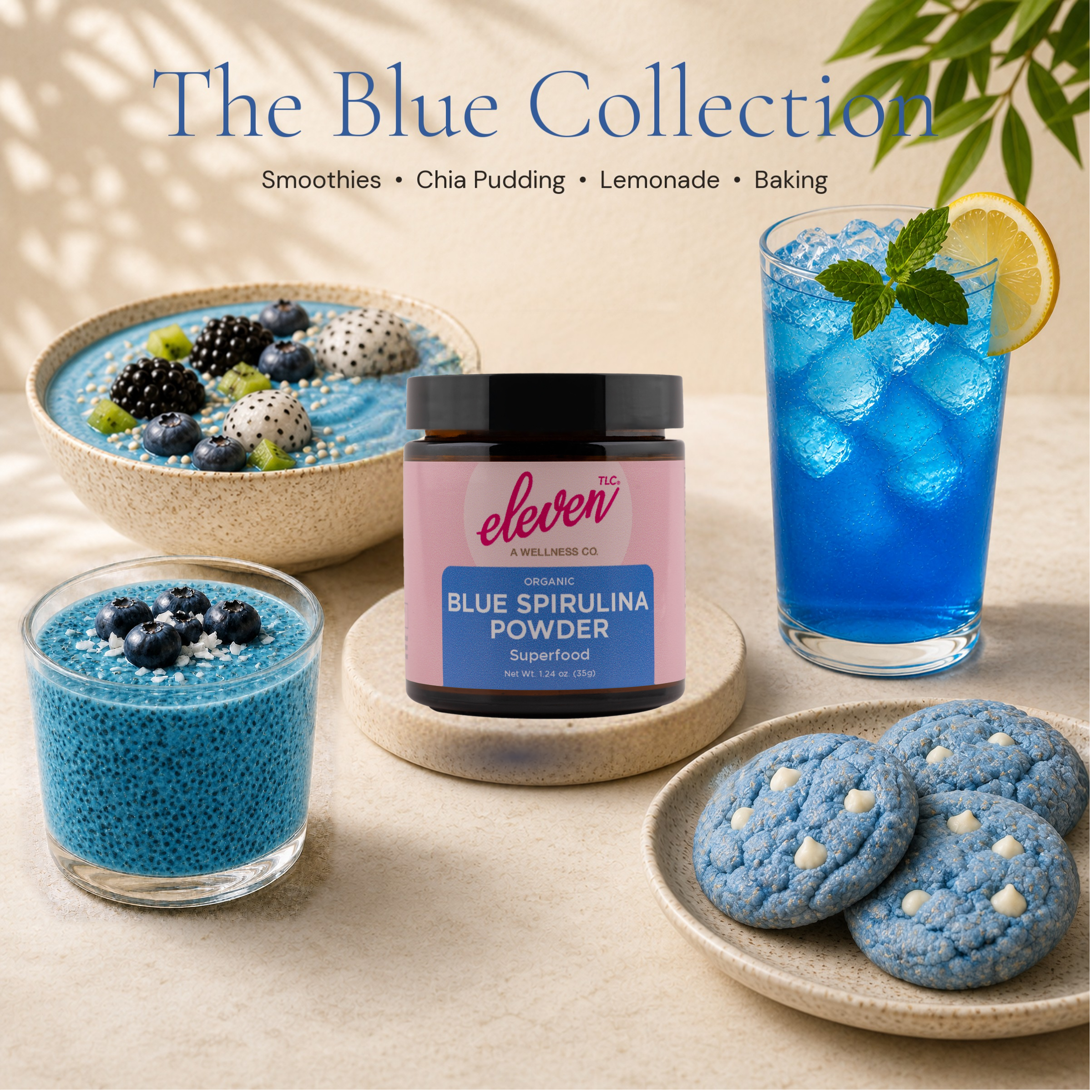 Blue spirulina recipes made with Eleven TLC powder - smoothie bowl, chia pudding, blue lemonade, and cookies.