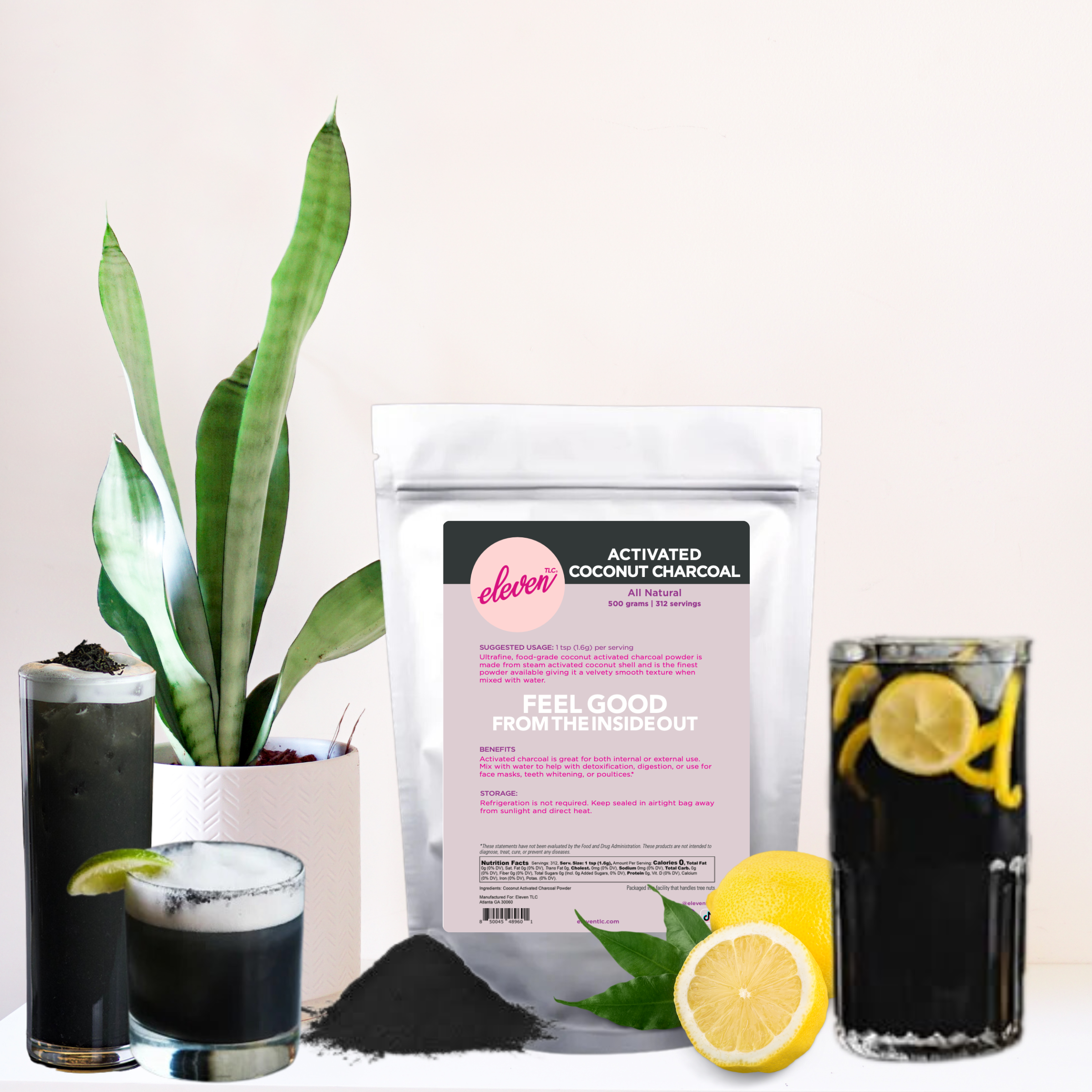 Activated charcoal lemonade, mocktails, juices, with detoxifying properties in a glass cup