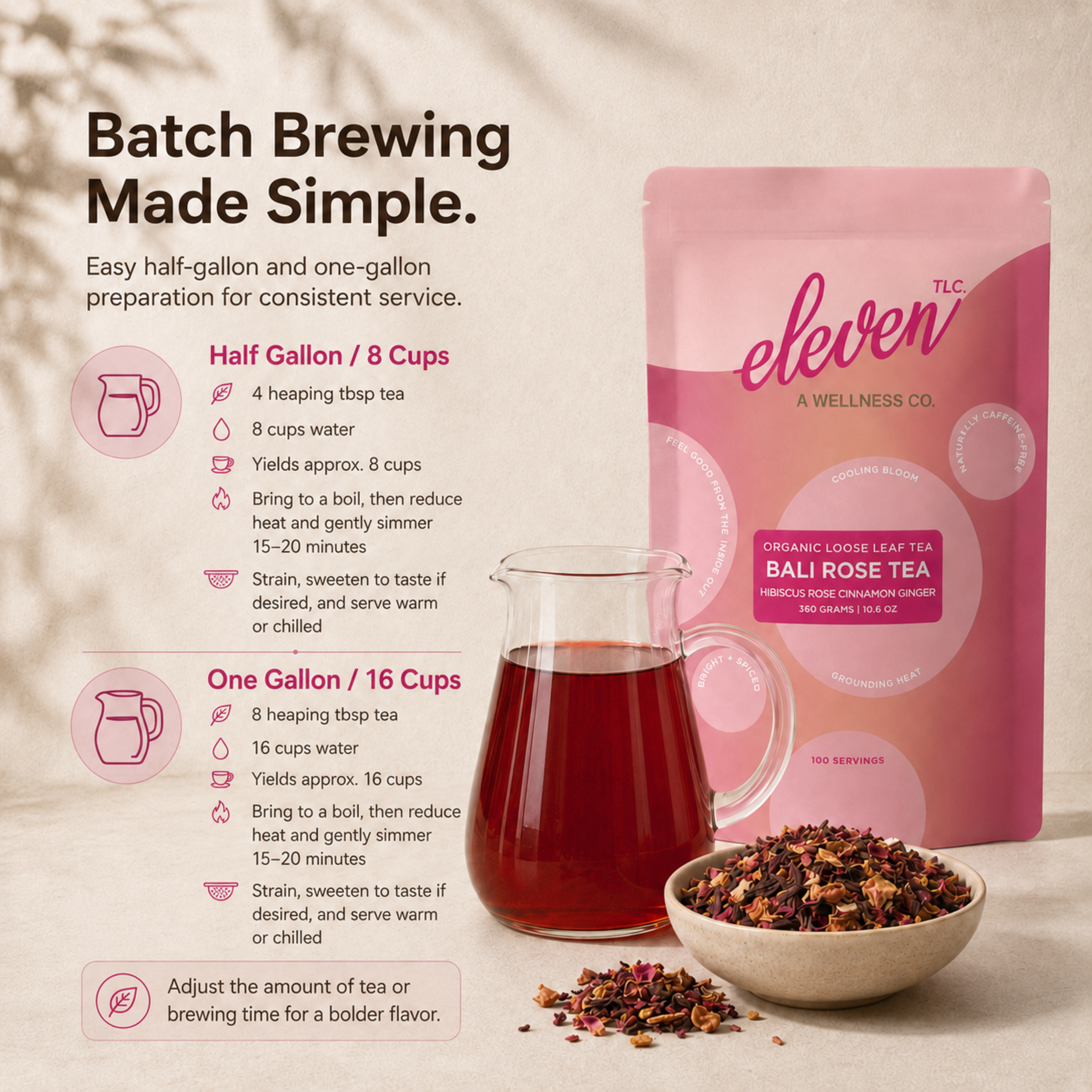 Bali Rose Tea food service brewing guide with half-gallon and one-gallon batch instructions, featuring the 360 gram pouch and clear preparation steps for hot and iced service.

