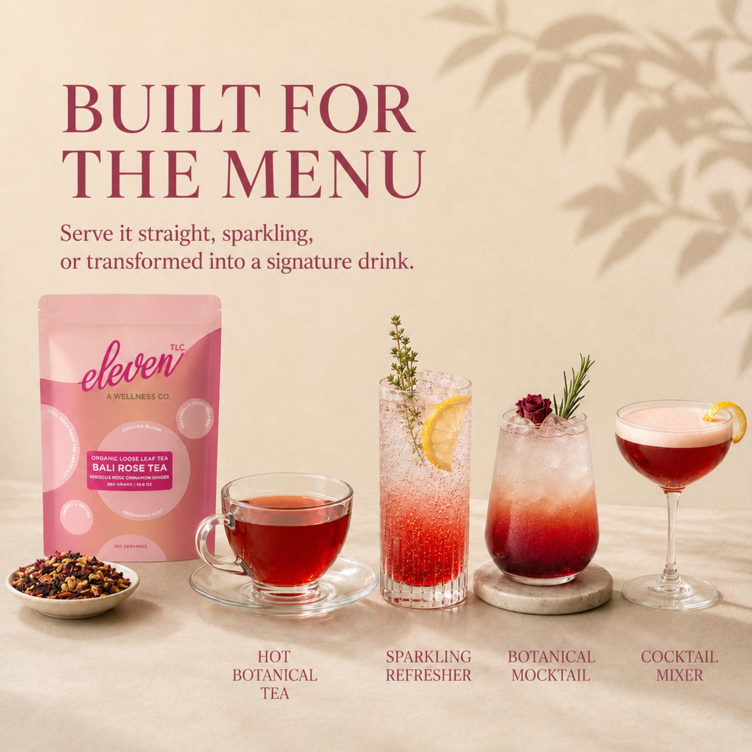 Bali Rose Tea food service menu inspiration slide showing hot tea, iced tea, refresher, and botanical mocktail applications with the 360 gram pouch.


