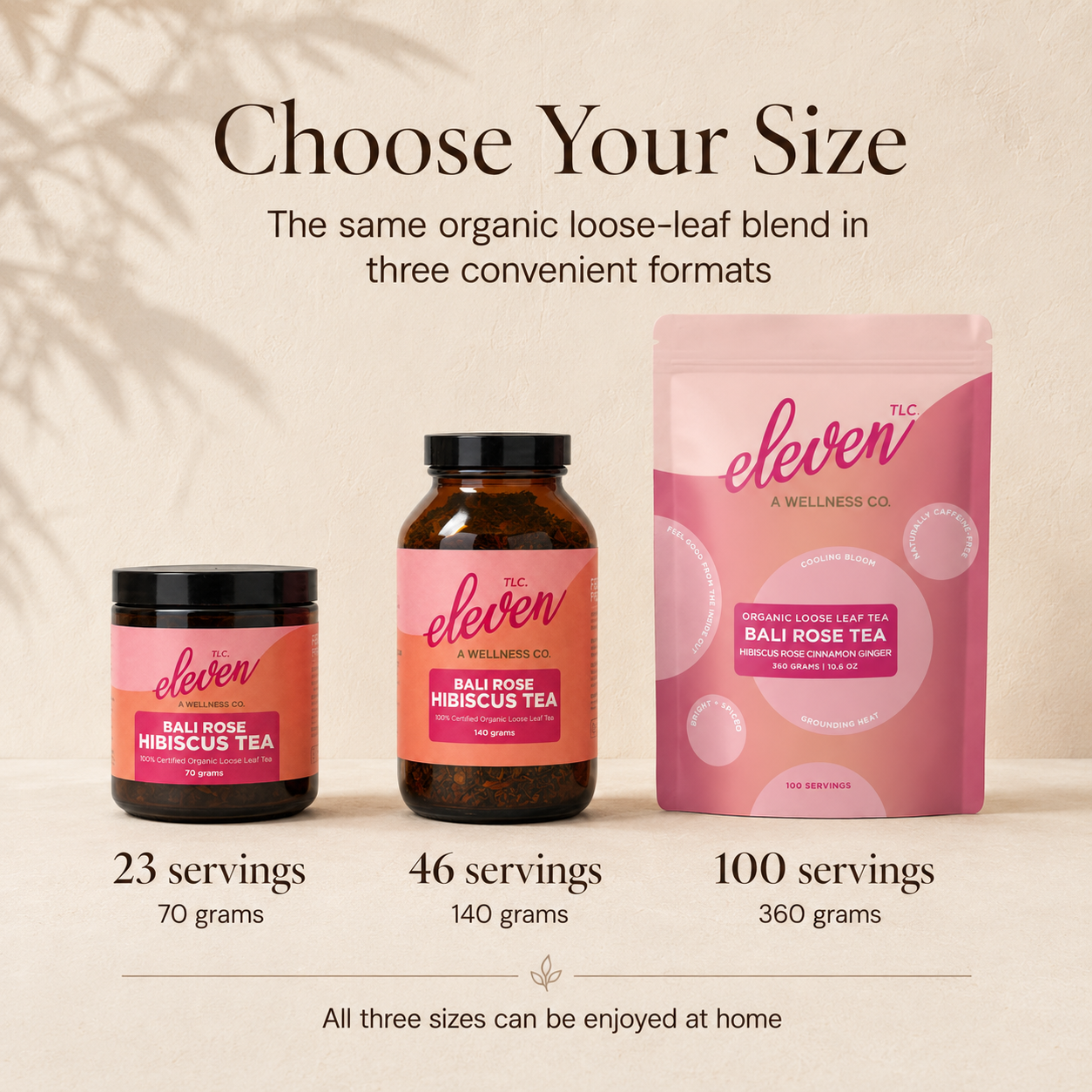 Bali Rose Hibiscus Tea shown in three sizes: 70 gram amber glass jar, 140 gram amber glass jar, and 360 gram stand-up pouch with serving counts for each format.