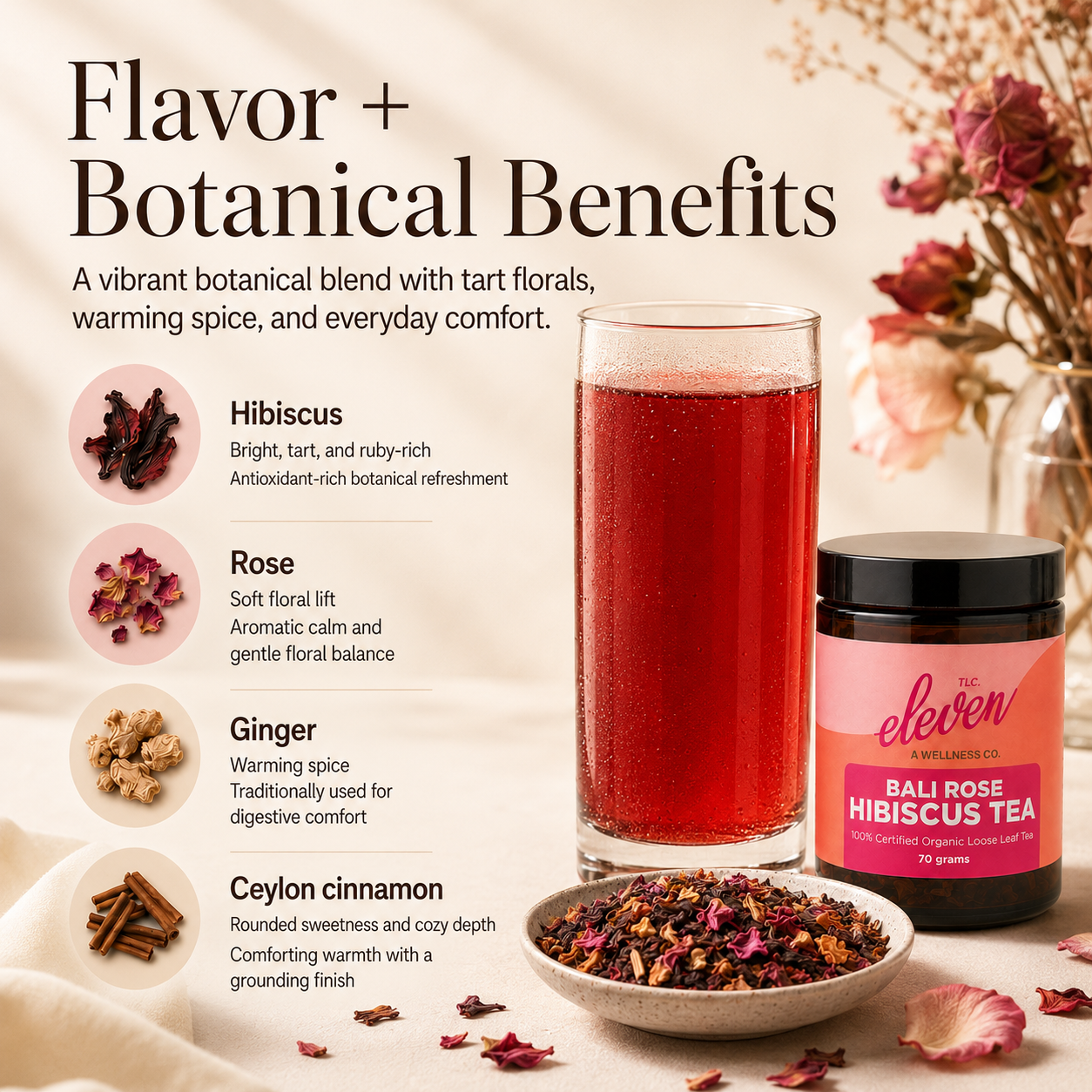 Bali Rose Hibiscus Tea with a tall ruby-red tea, 70 gram amber jar, loose-leaf blend, and botanical notes for hibiscus, rose, ginger, and Ceylon cinnamon.
