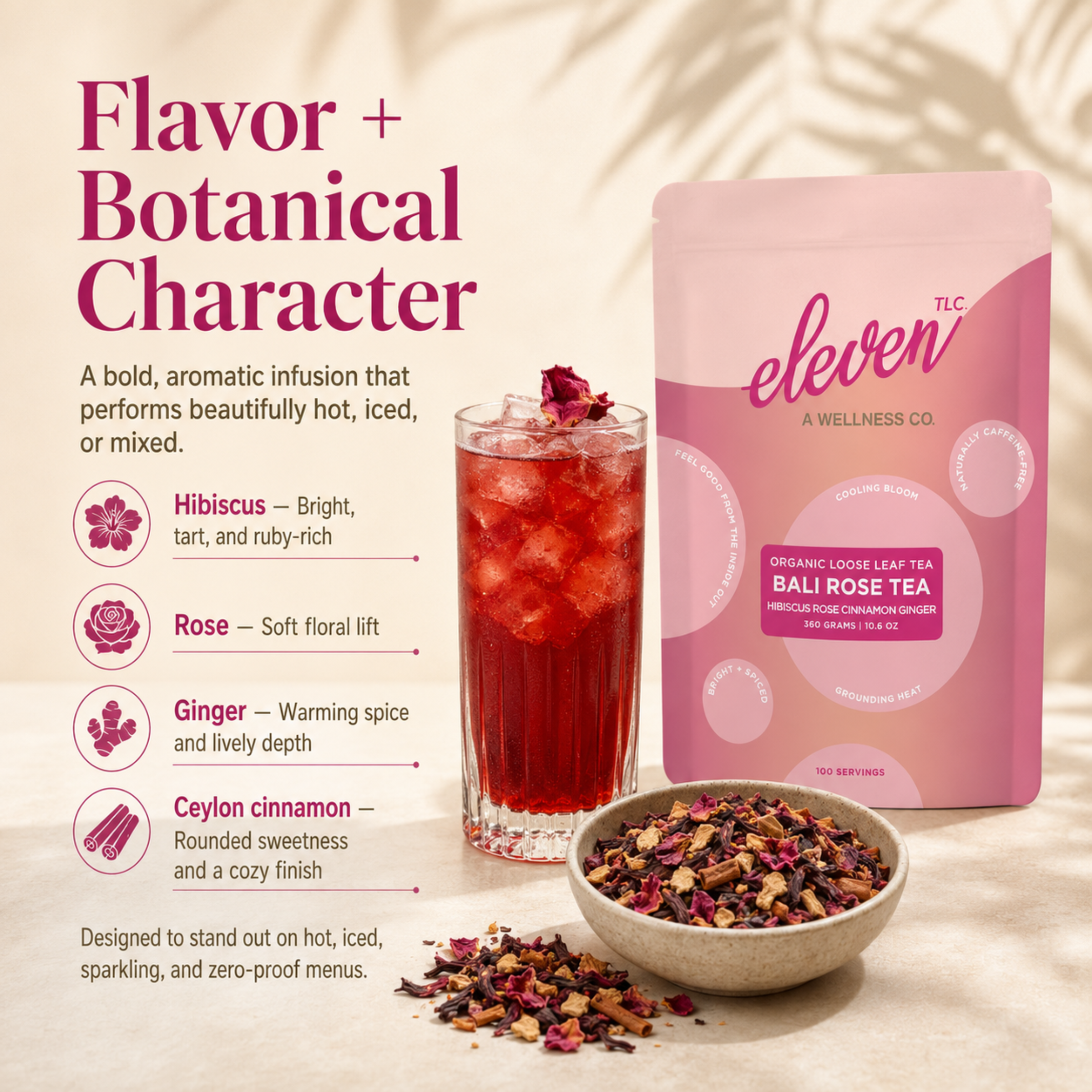 Bali Rose Tea flavor and botanical character slide highlighting bright hibiscus, floral rose, warming ginger, and Ceylon cinnamon with the 360 gram pouch and brewed tea.

