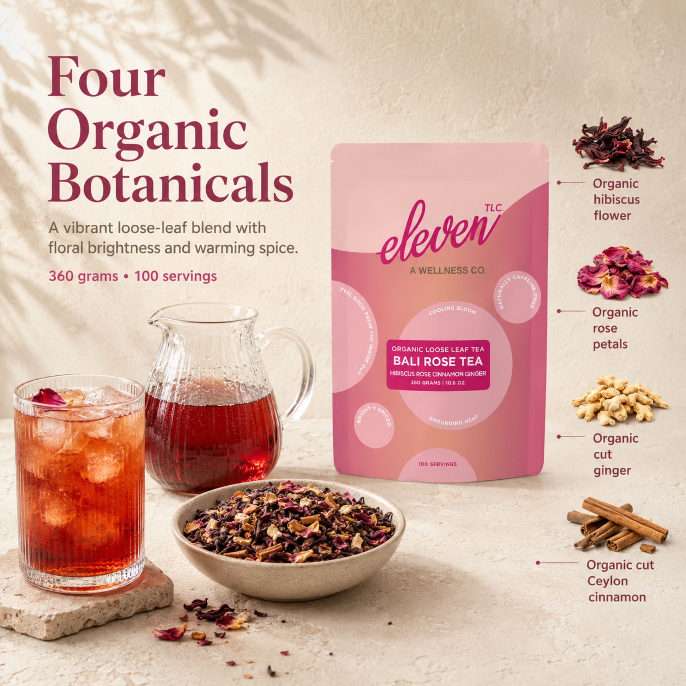 Bali Rose Tea food service ingredient slide showing the 360 gram pouch, loose-leaf tea, and the four organic botanicals: hibiscus flower, rose petals, cut ginger, and cut Ceylon cinnamon.

