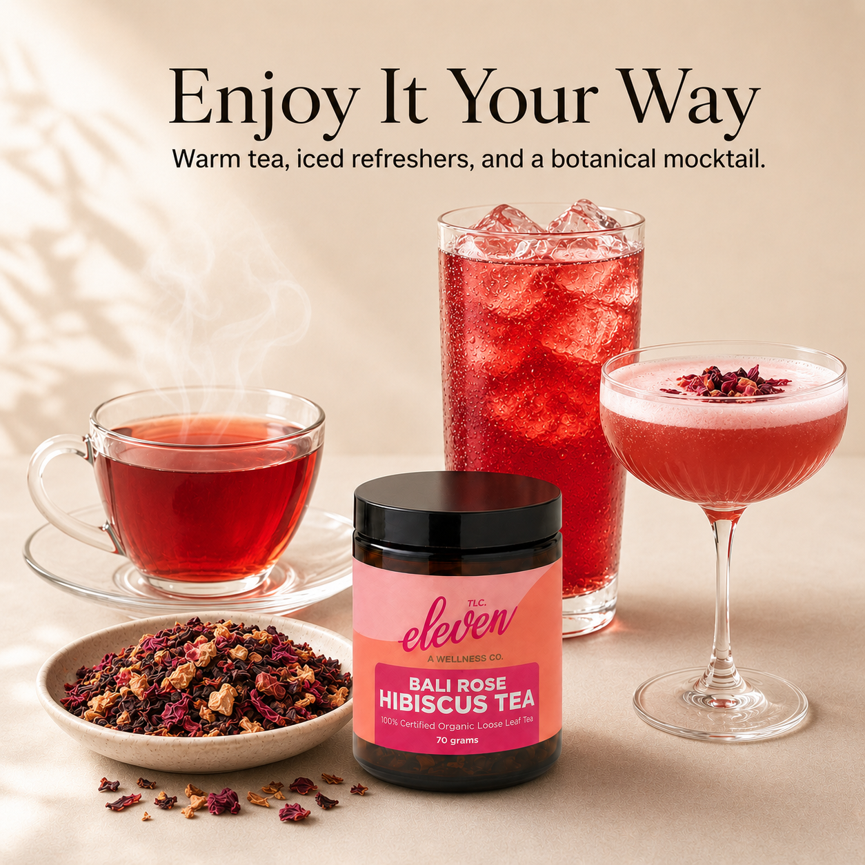Bali Rose Hibiscus Tea served as warm tea, a ruby-red iced refresher, and a botanical mocktail alongside the 70 gram jar and loose-leaf blend.
