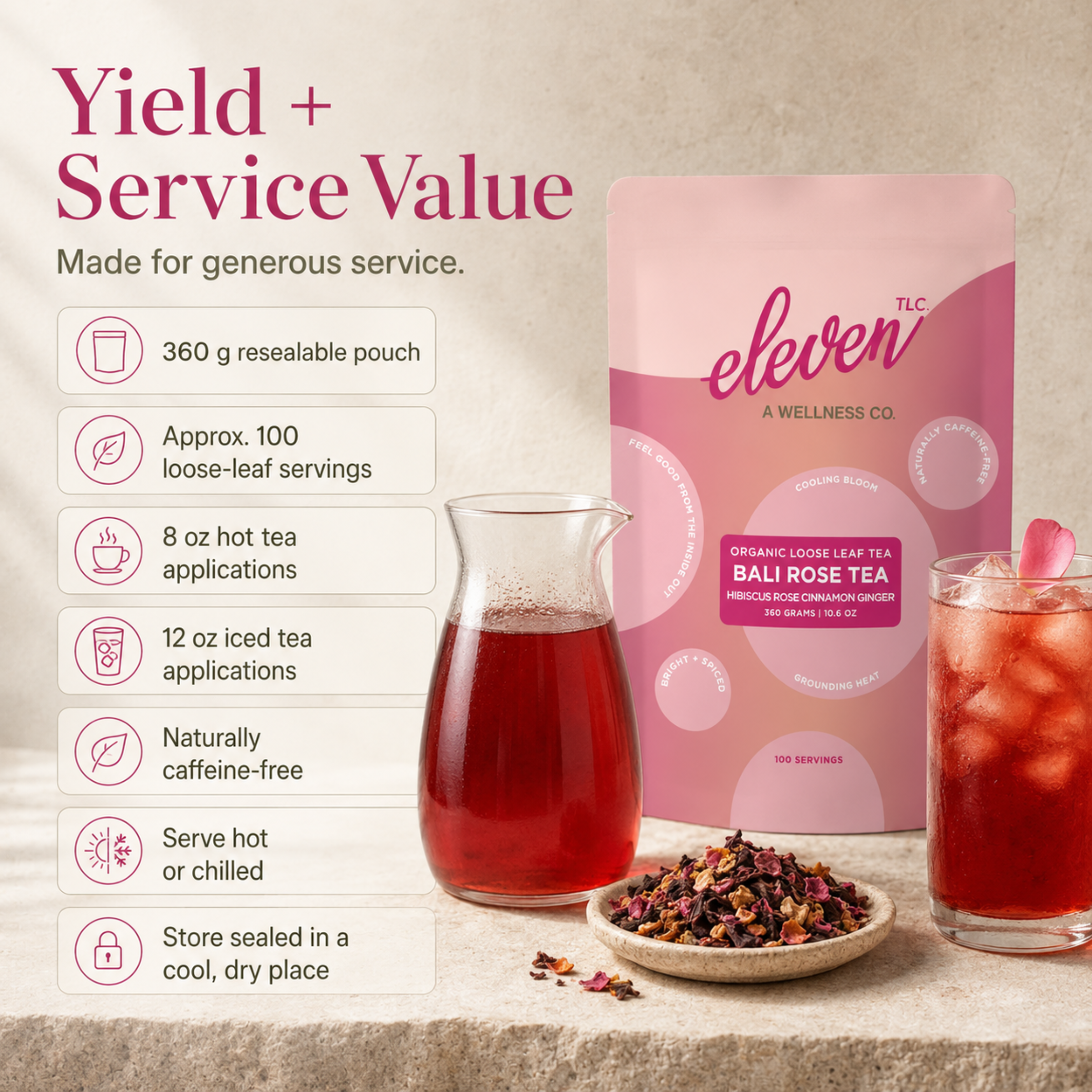 Bali Rose Tea food service value slide featuring the 360 gram pouch with details on servings, naturally caffeine-free use, and generous hot or chilled service